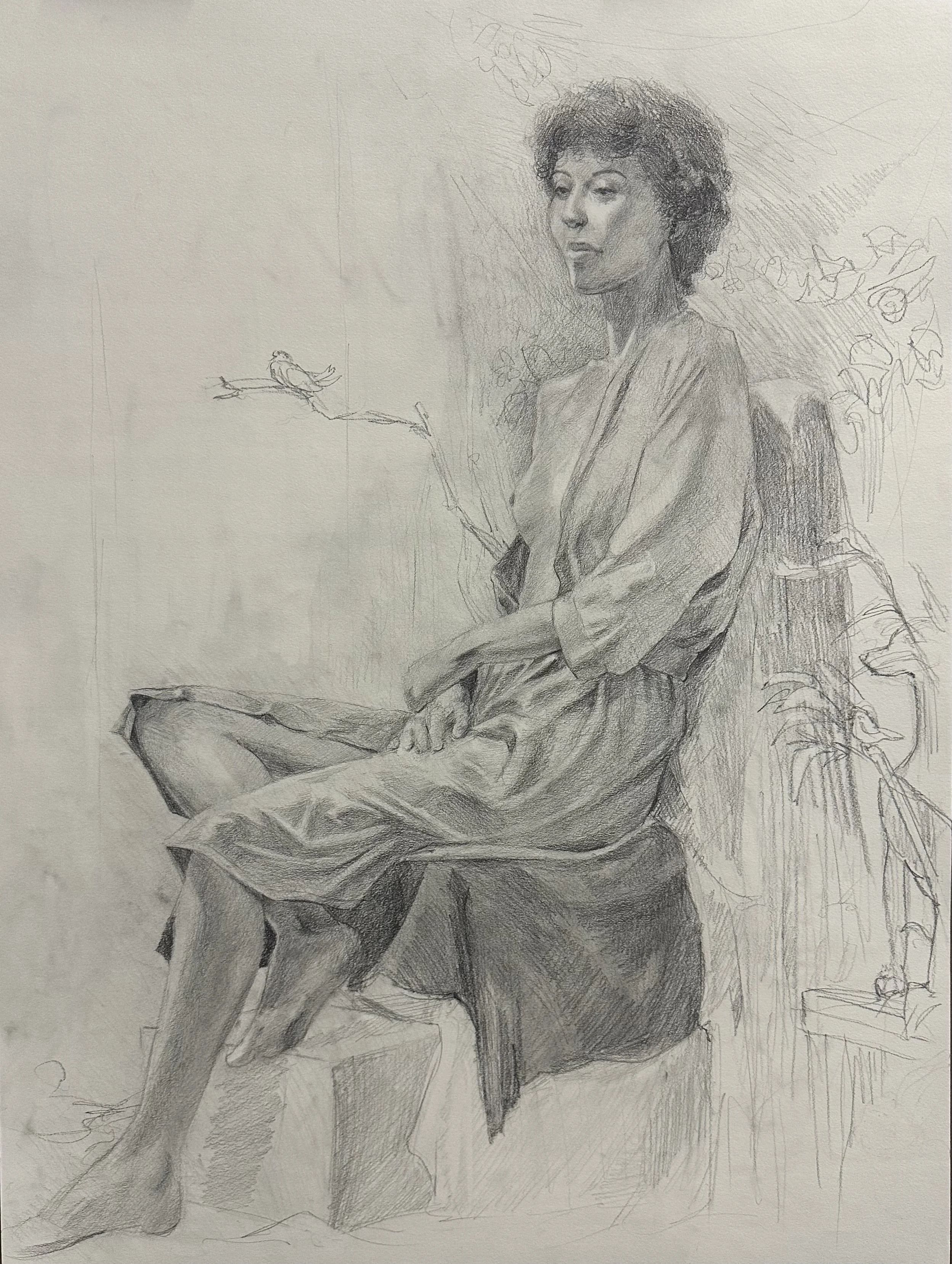 A pencil drawing of a woman sitting on a stool with her negs crossed, wearing a loose robe.
