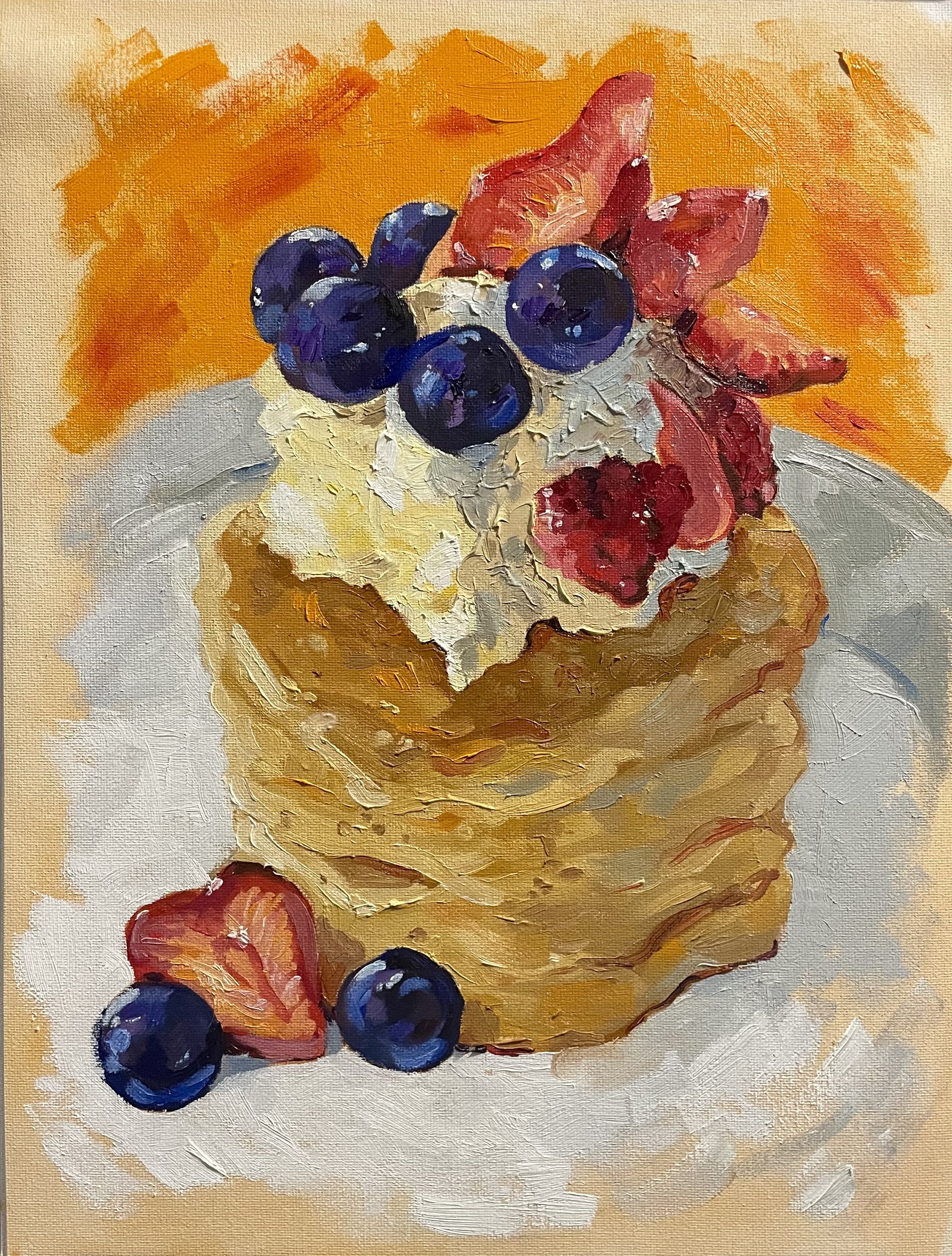 Oil painting of a stack of pancake topped with whipped cream, blueberries, strawberries, and raspberries on a white plate against an orange background. It's painted painterly, with thick texture on the whipped cream and bright colors