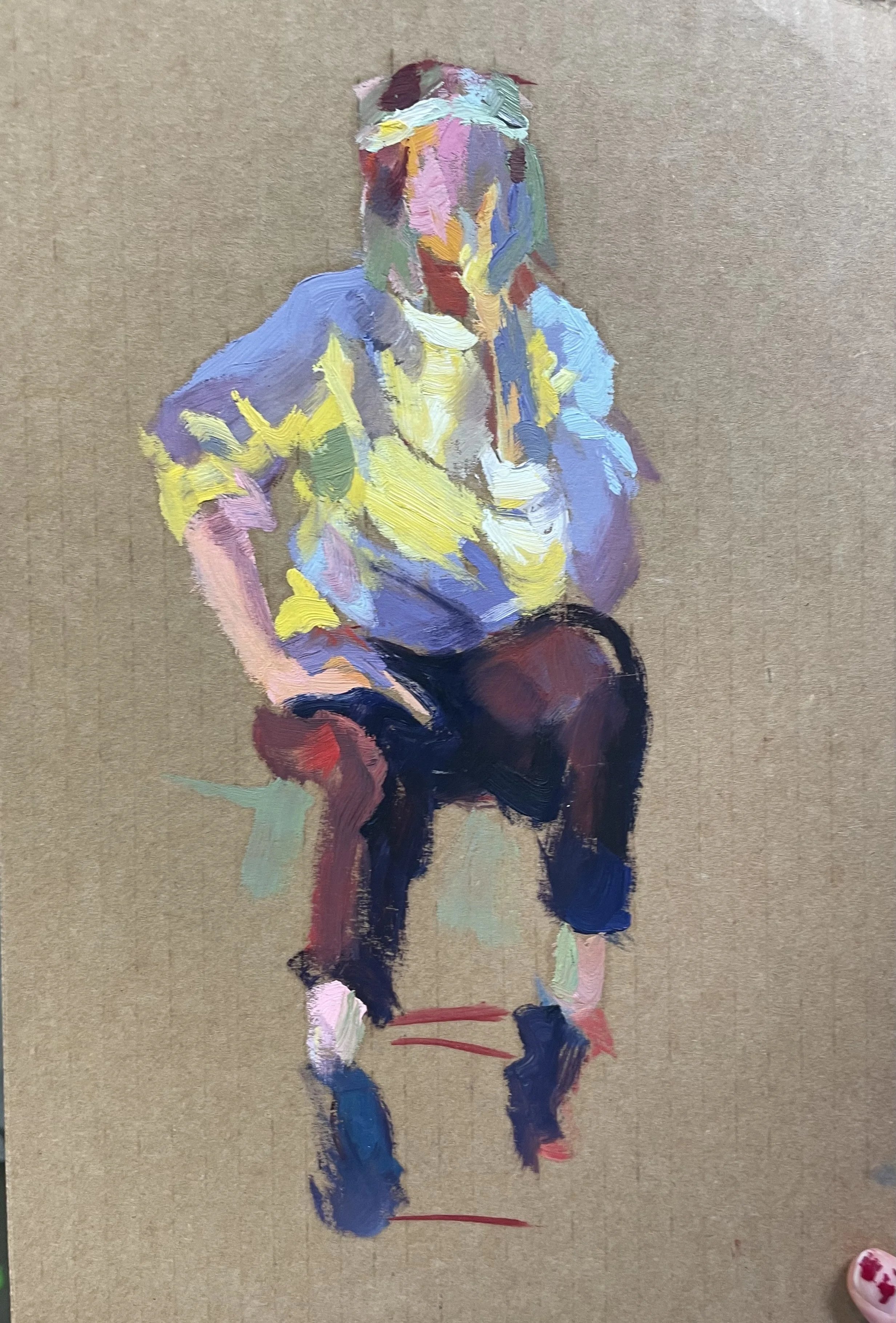 A gesture oil painting done on cardboard of a woman sitting on a chair, wearing a white shirt and black pants. She's cast in a warm light that makes the shirt appear yellow.