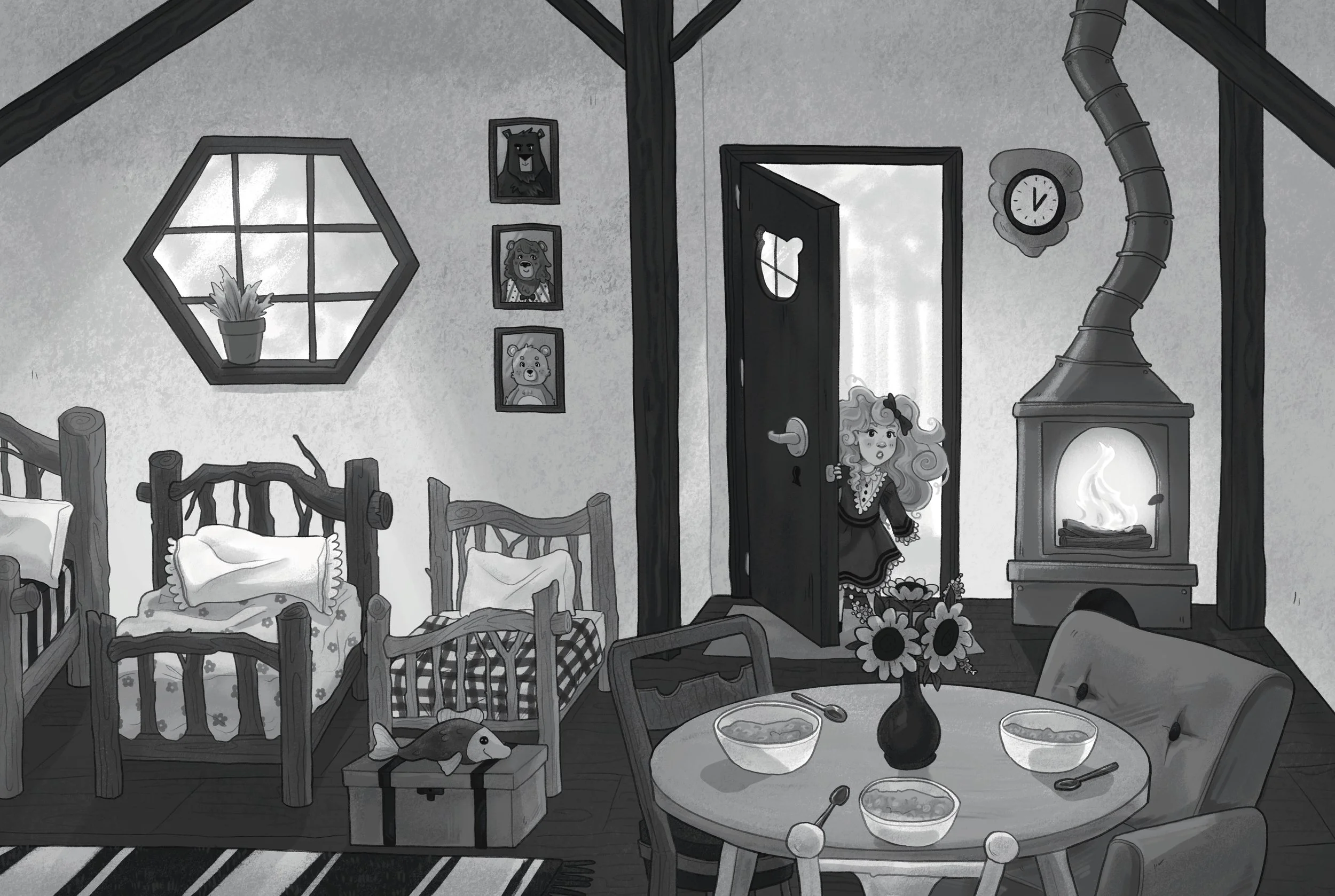 Illustration of Goldilocks entering the three bear's house. It's neat and organized, with their three beds made and three bowls of porridge sitting on the table.