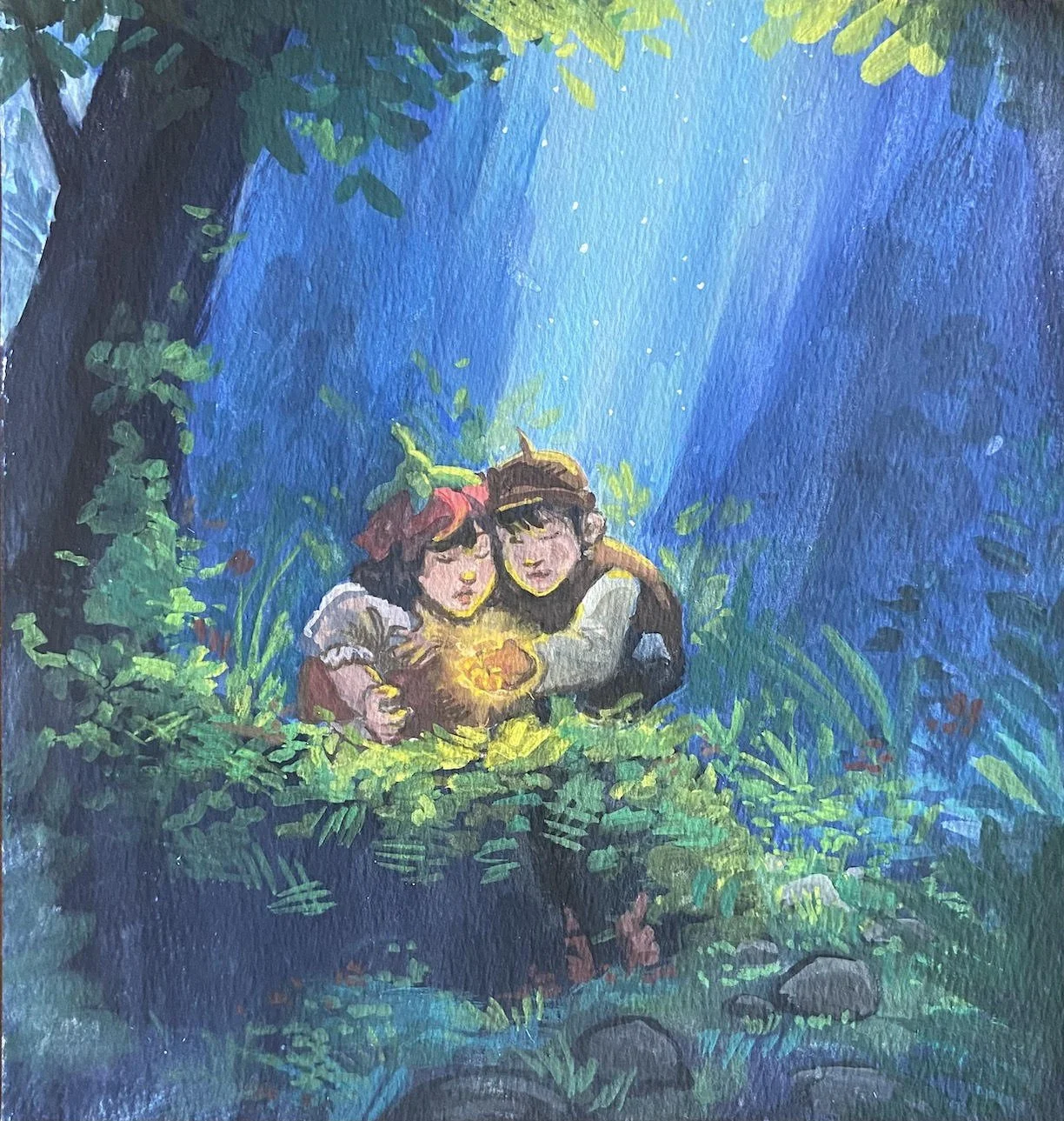 Gouache illustration of two children, a boy and a girl, sitting in a lush forest. The boy is holding a glowing object, and they're illuminated by a ray of sunlight breaking through the trees.