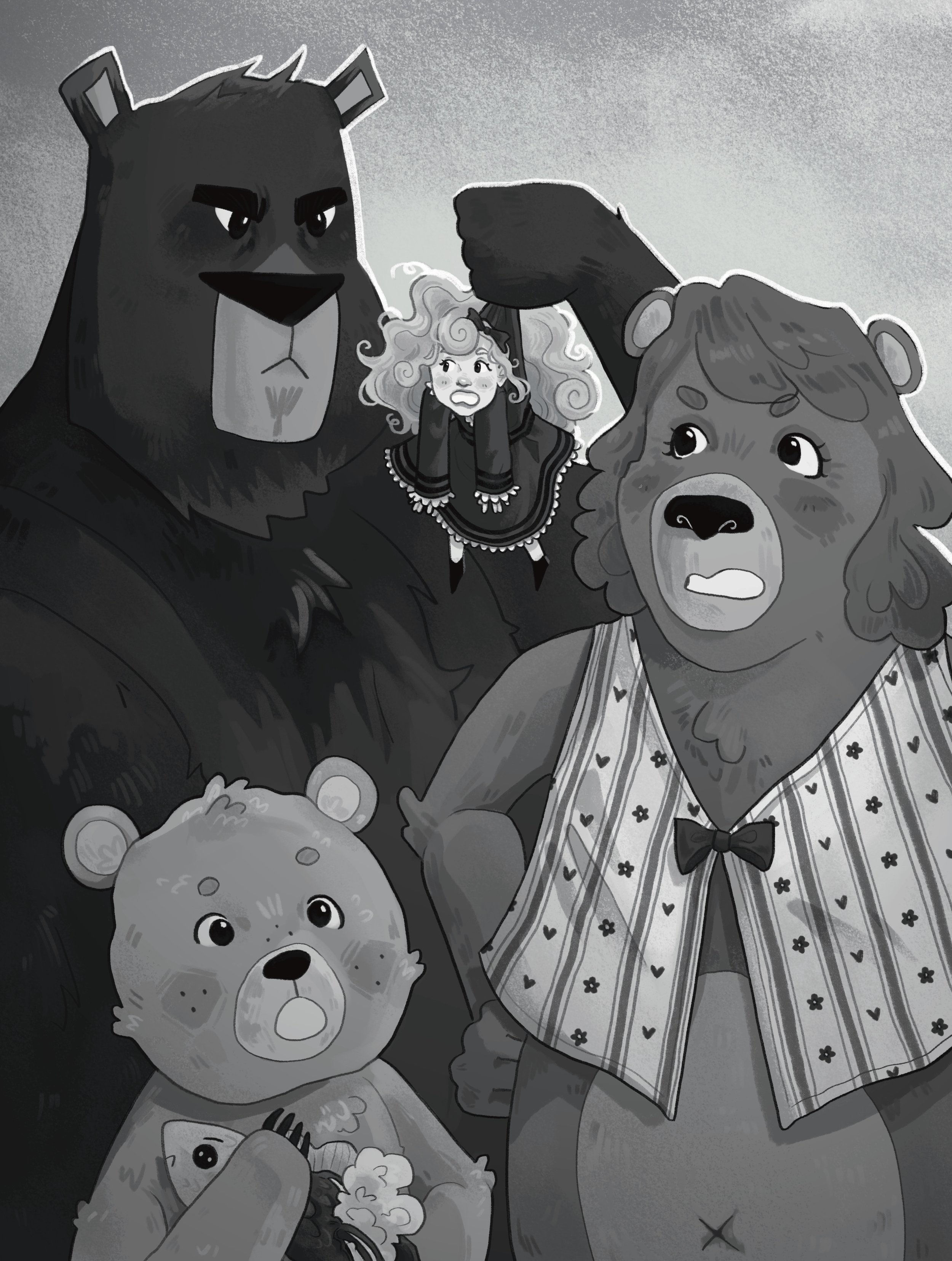 Illustration of Goldilocks being caught by the bears. The bears are extra big in comparison to her. Papa bear looks angry as he hold Goldilocks up by the back of her top, while Mama bear and Baby bear watch, also angry.