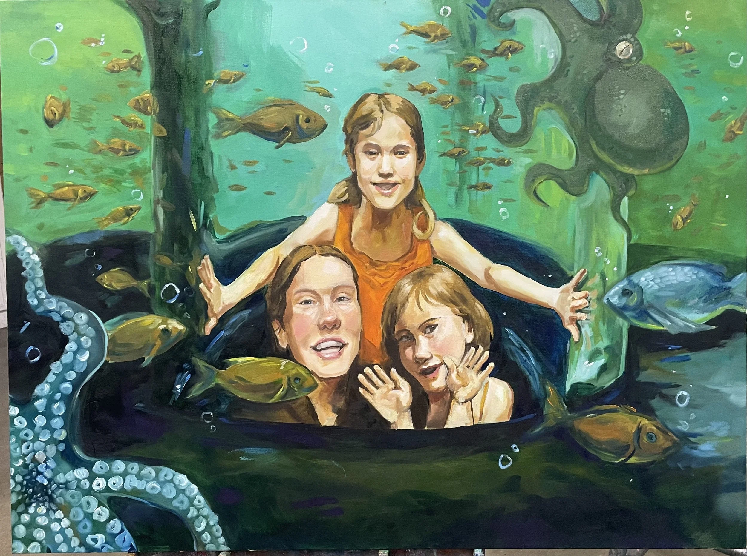 A painting of a mom and two daughters smiling playfully within an aquarium. They're in a glass tube inside of a tank, surrounded by fish and two octopi. 