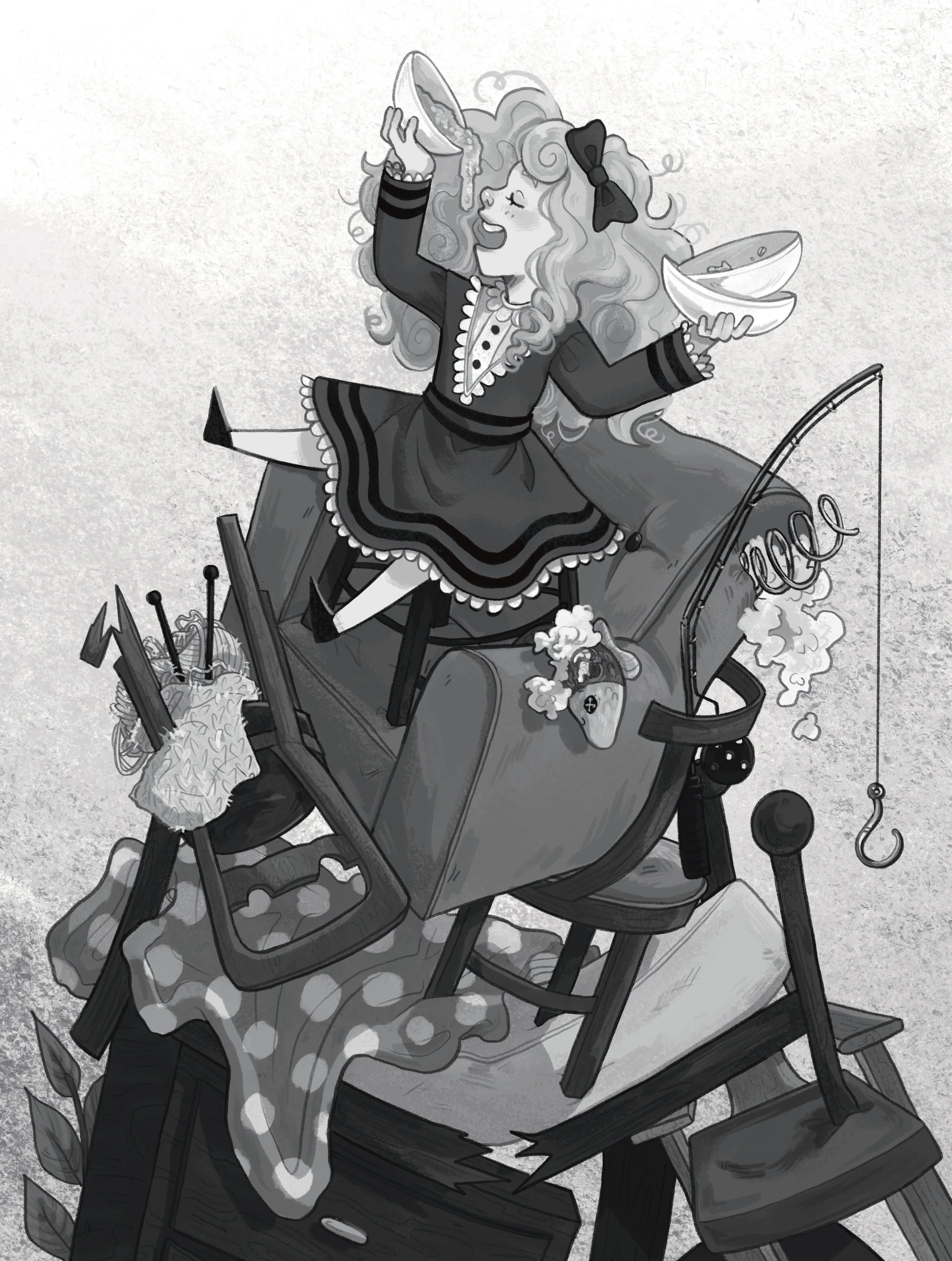 Illustration of Goldilocks sitting on top a pile of the 3 bears broken things, laughing and chugging porridge. 