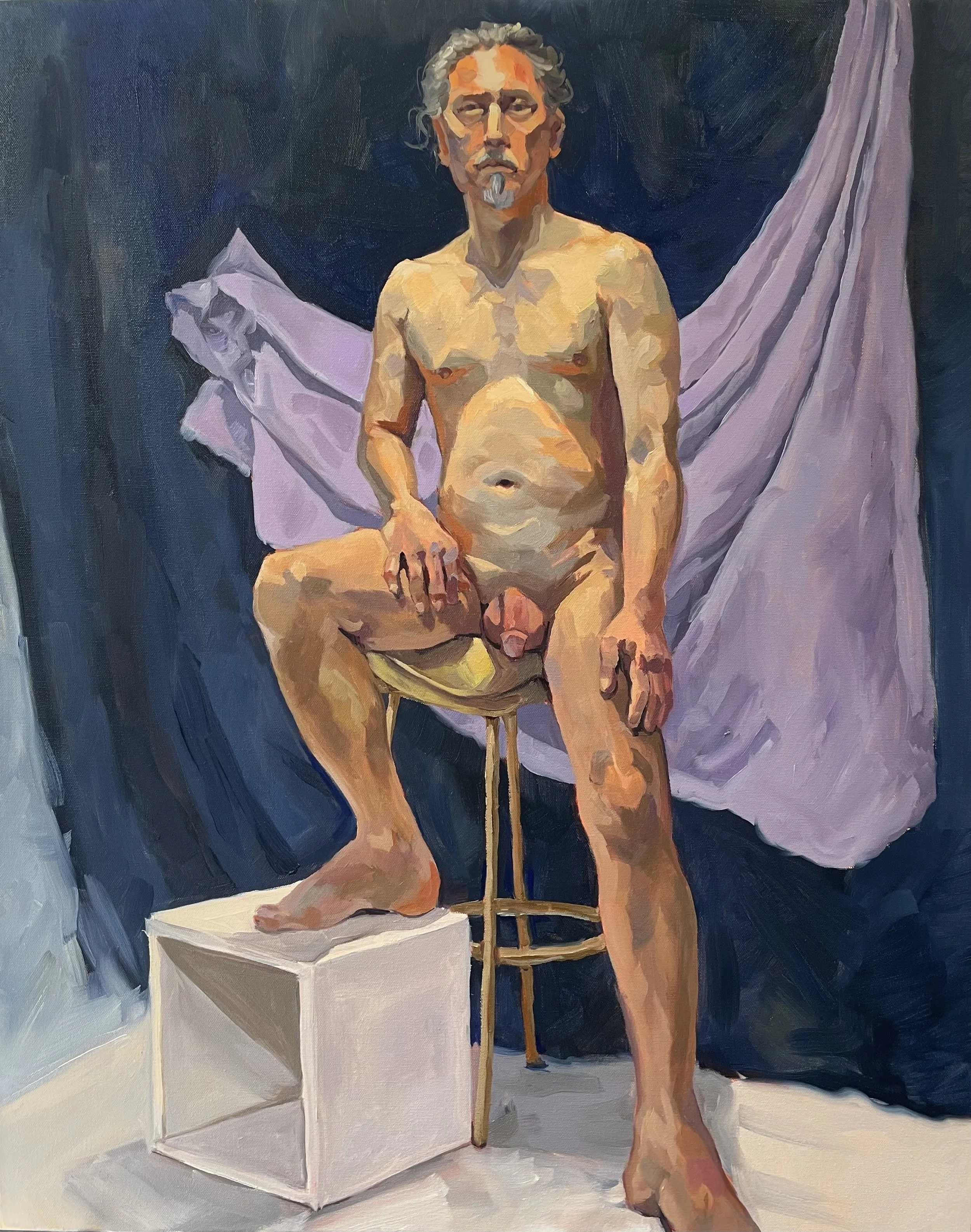 Oil painting of a nude man sitting on a chair, with his left foot resting up on a white block. The background is navy and lavender draped fabric.