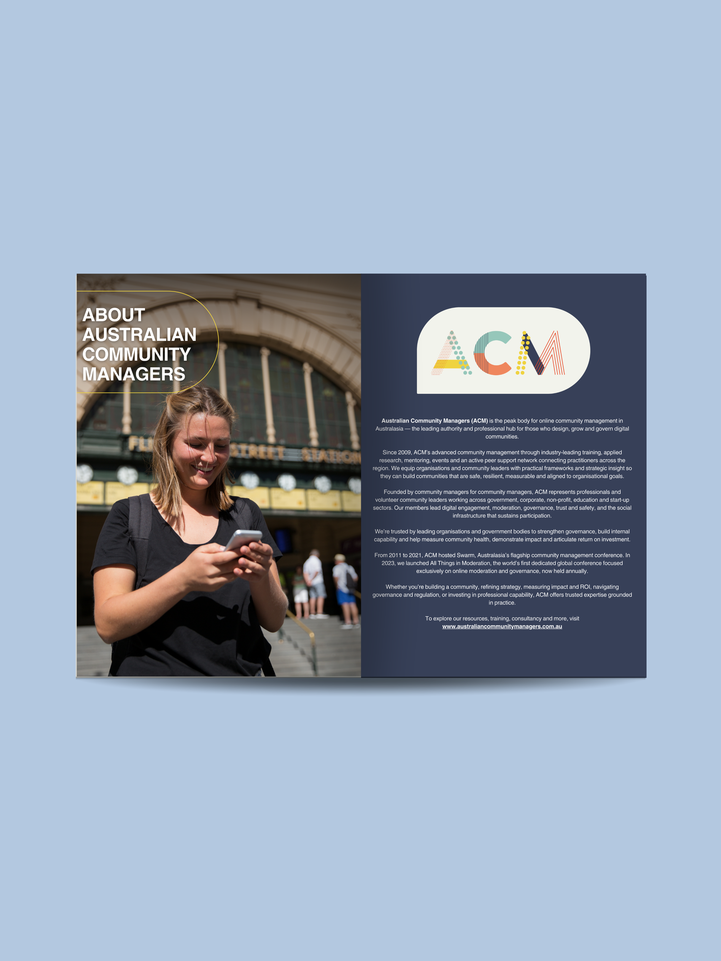 Minimalist publication design for the ACM industry report, showcasing premium typography and a cohesive brand colour palette for the Australian community management sector.