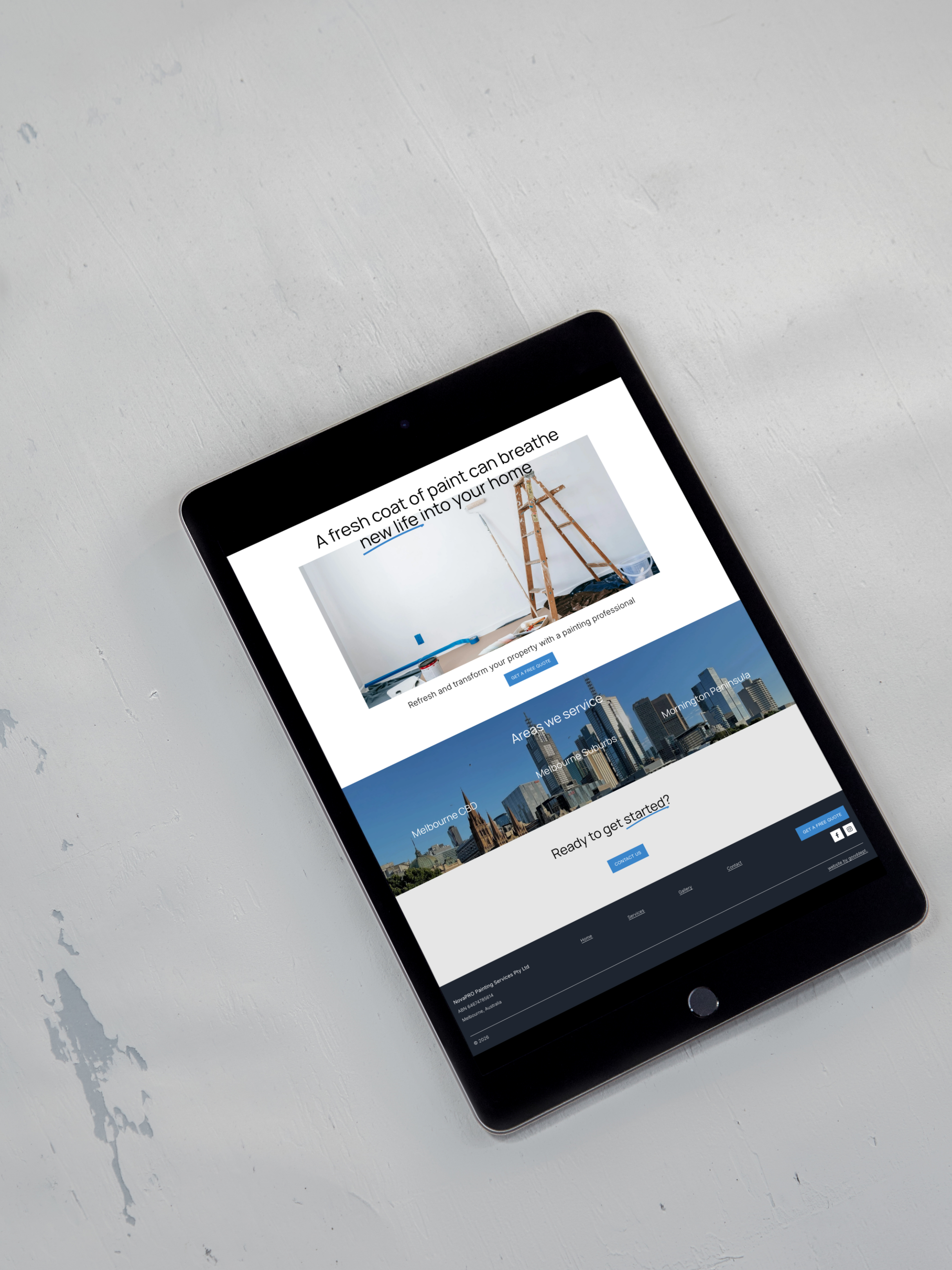 Clean, minimalist website design for NovaPRO painting services showing desktop homepage with bold typography and high-resolution portfolio imagery