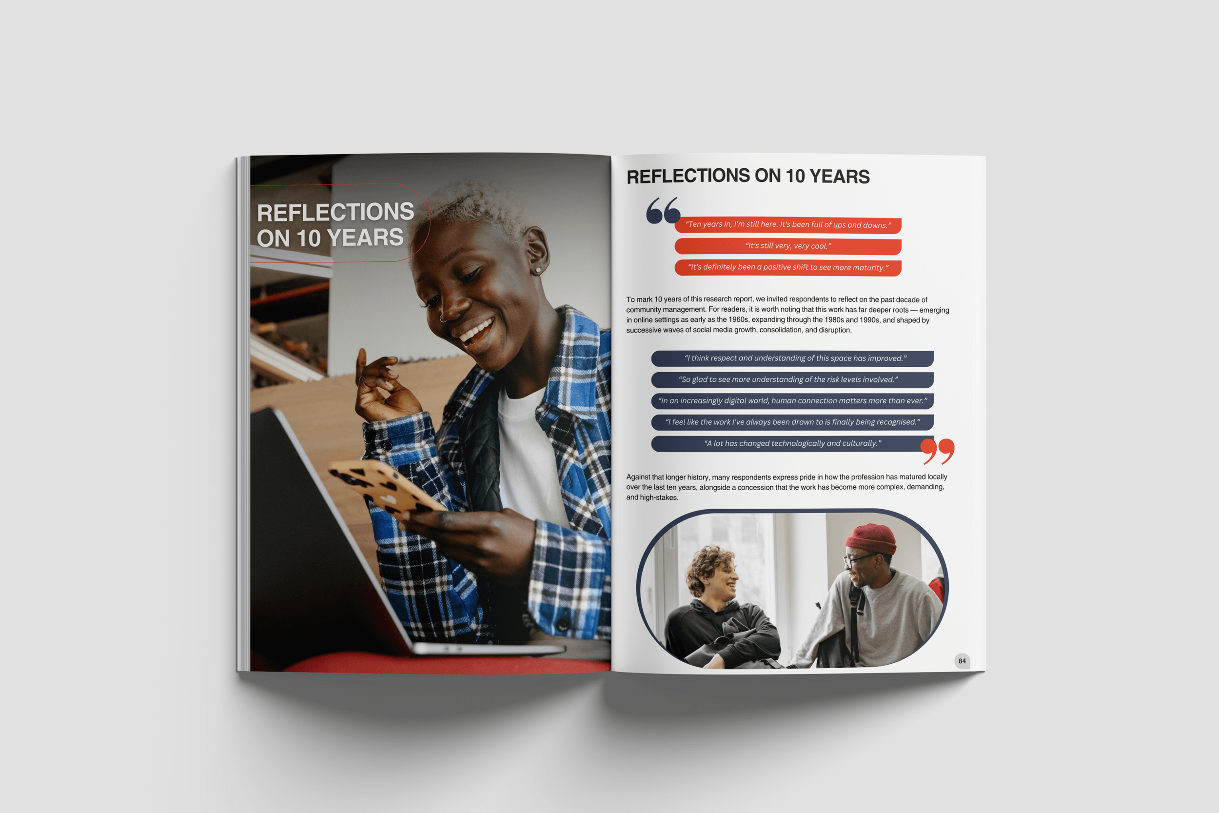 Colourful report page design featuring industry quotes on community management. Engaging layout strategy for educational and social sector reports.
