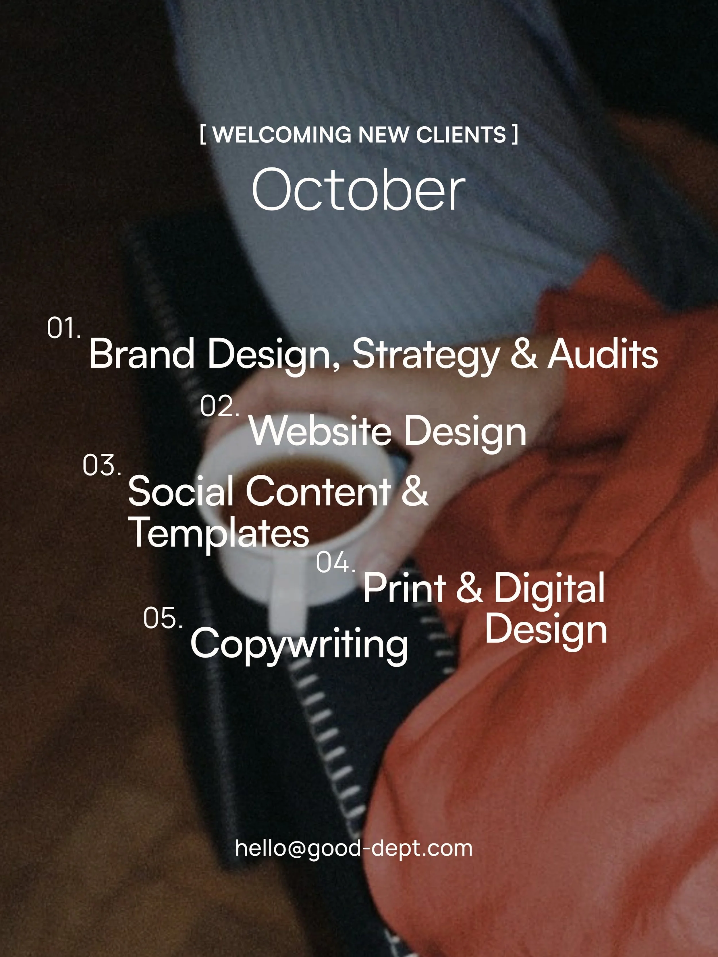 There&rsquo;s a spot with your name on it.

💌 hello@good-dept.com
🌐 good-dept.com