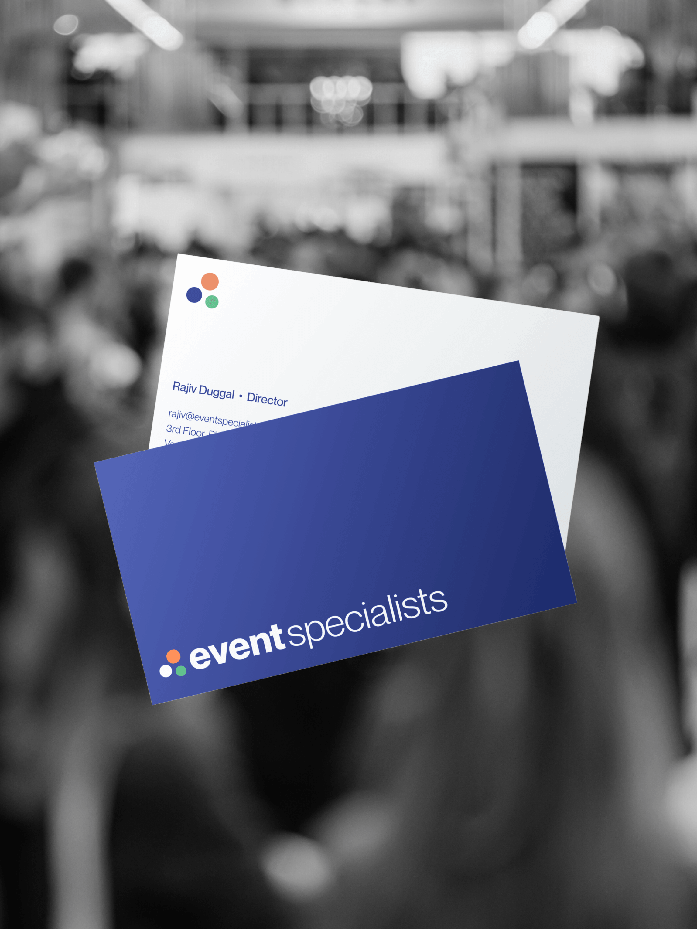 Cohesive print collateral and brand stationery design for international events group, maintaining consistent visual language from digital to physical