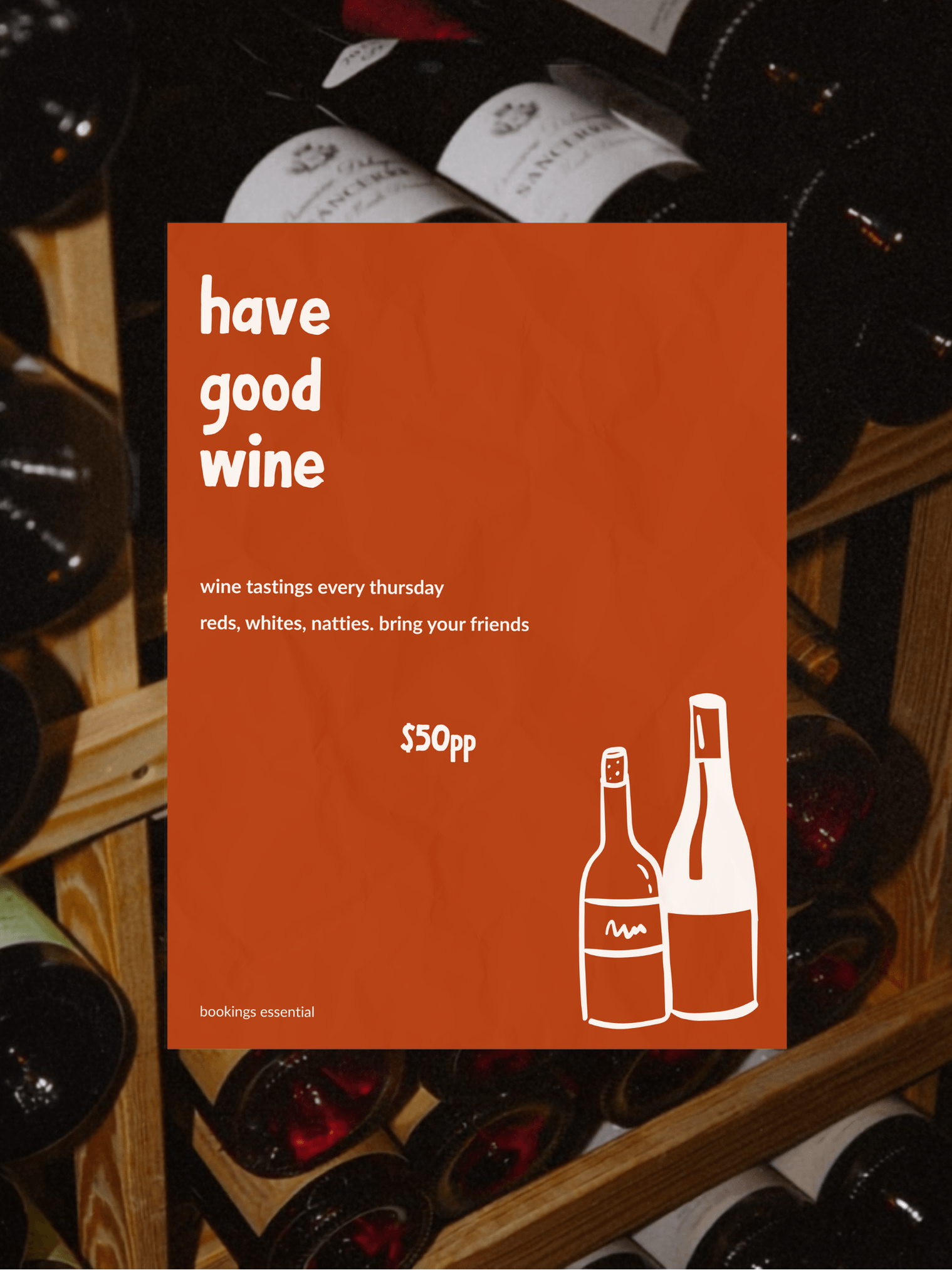 Event poster design promoting a special wine tasting for a casual pasta bar. Typography and layout strategy tailored for hospitality marketing.