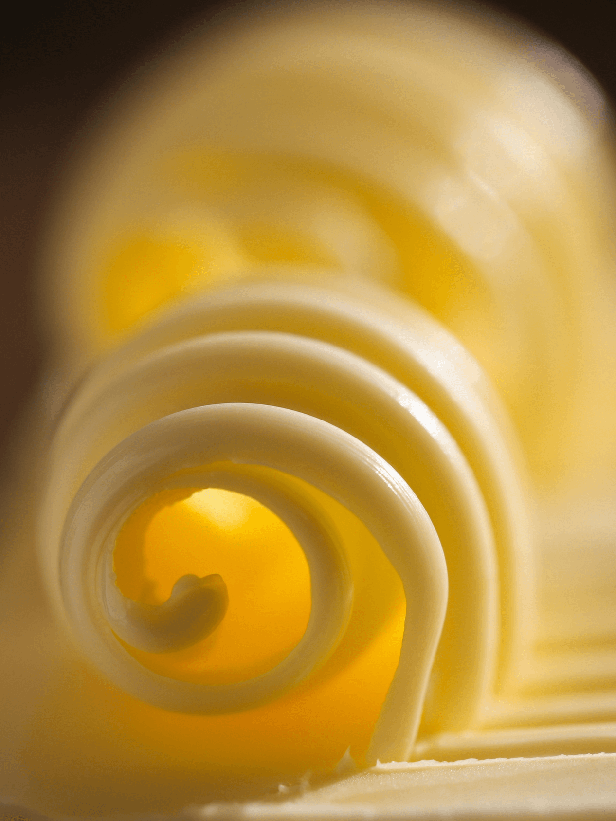 Close-up view of a roll of yellow cheese slices, curled inside itself.