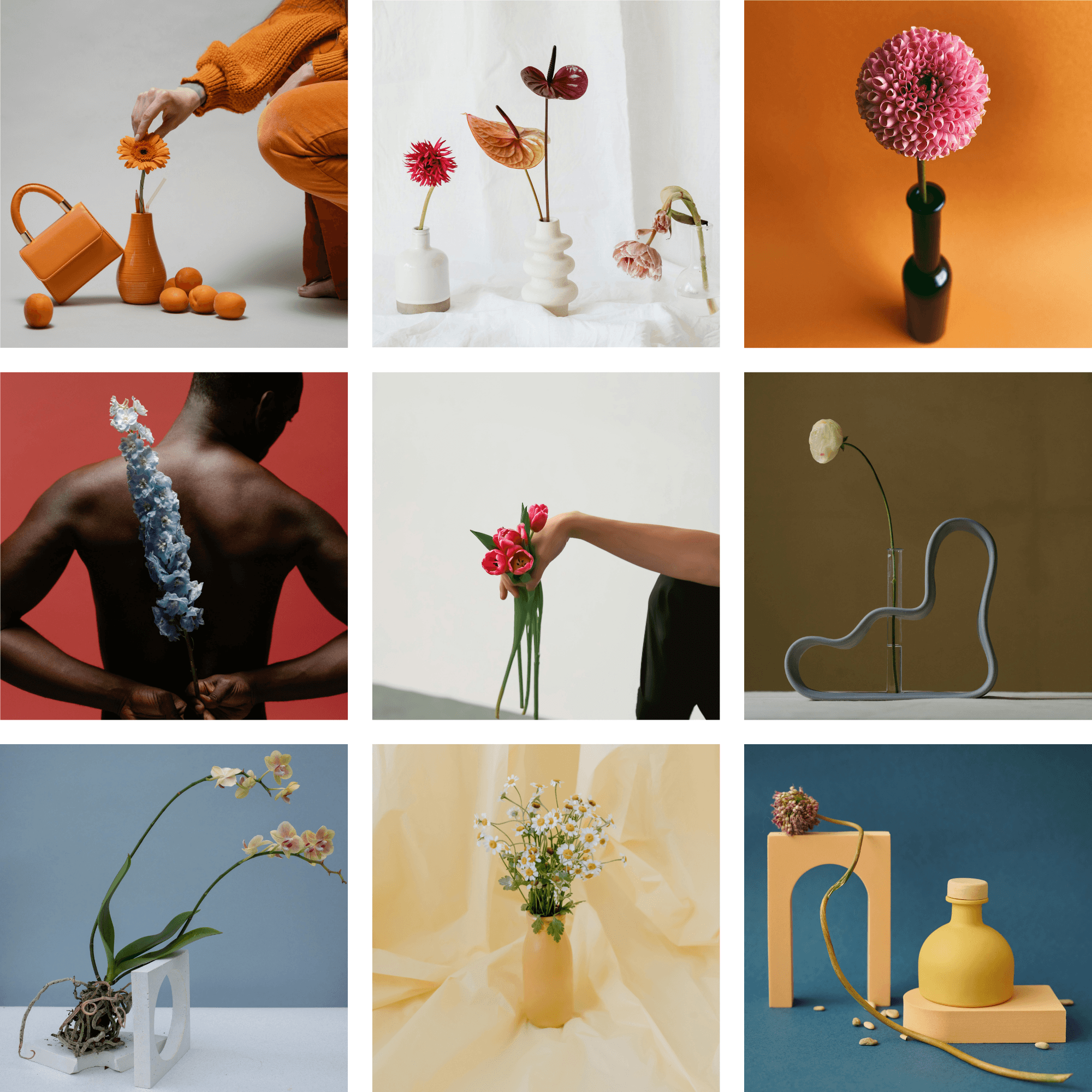 Curated Instagram grid mockup for a contemporary floral business intersecting art and fashion. Social media strategy focusing on emotive feeling