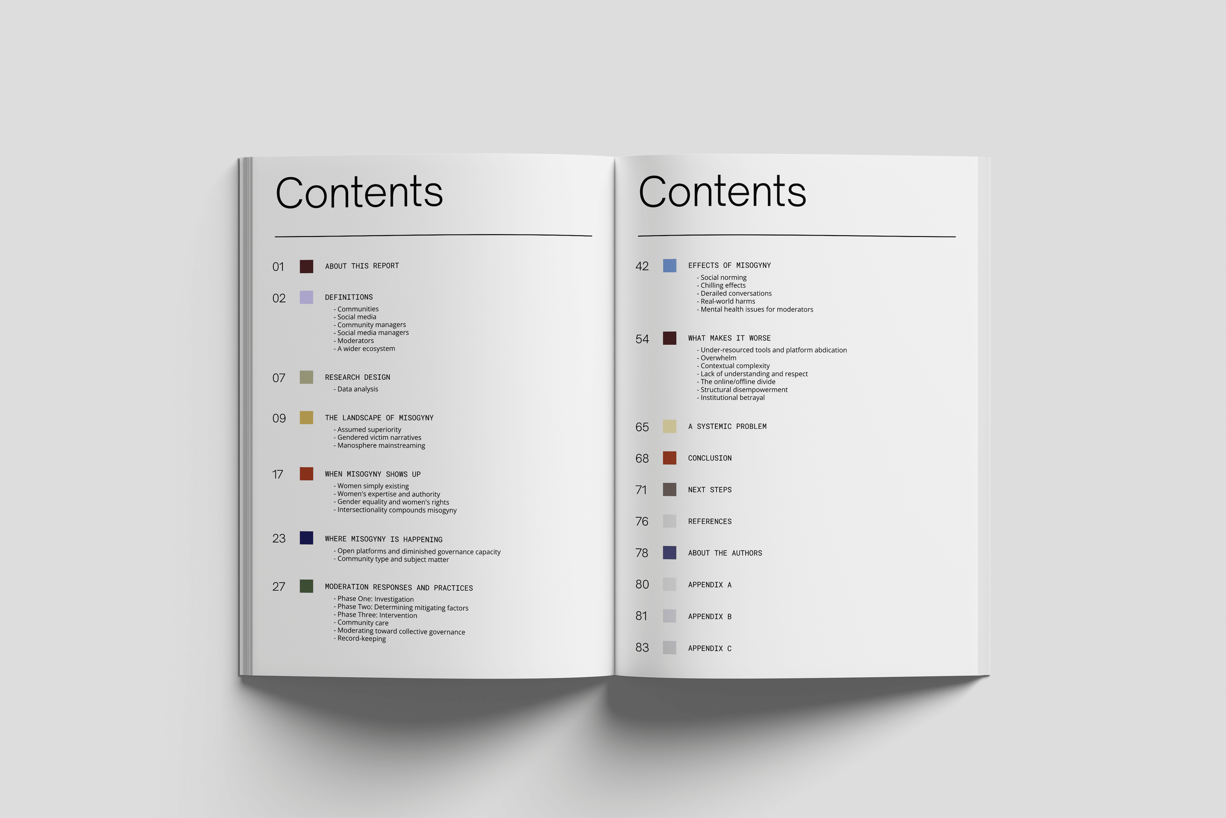 Report Contents page showing gooddept.'s colour-coded section system, designed to make a dense, text-heavy research report easier to read and navigate.