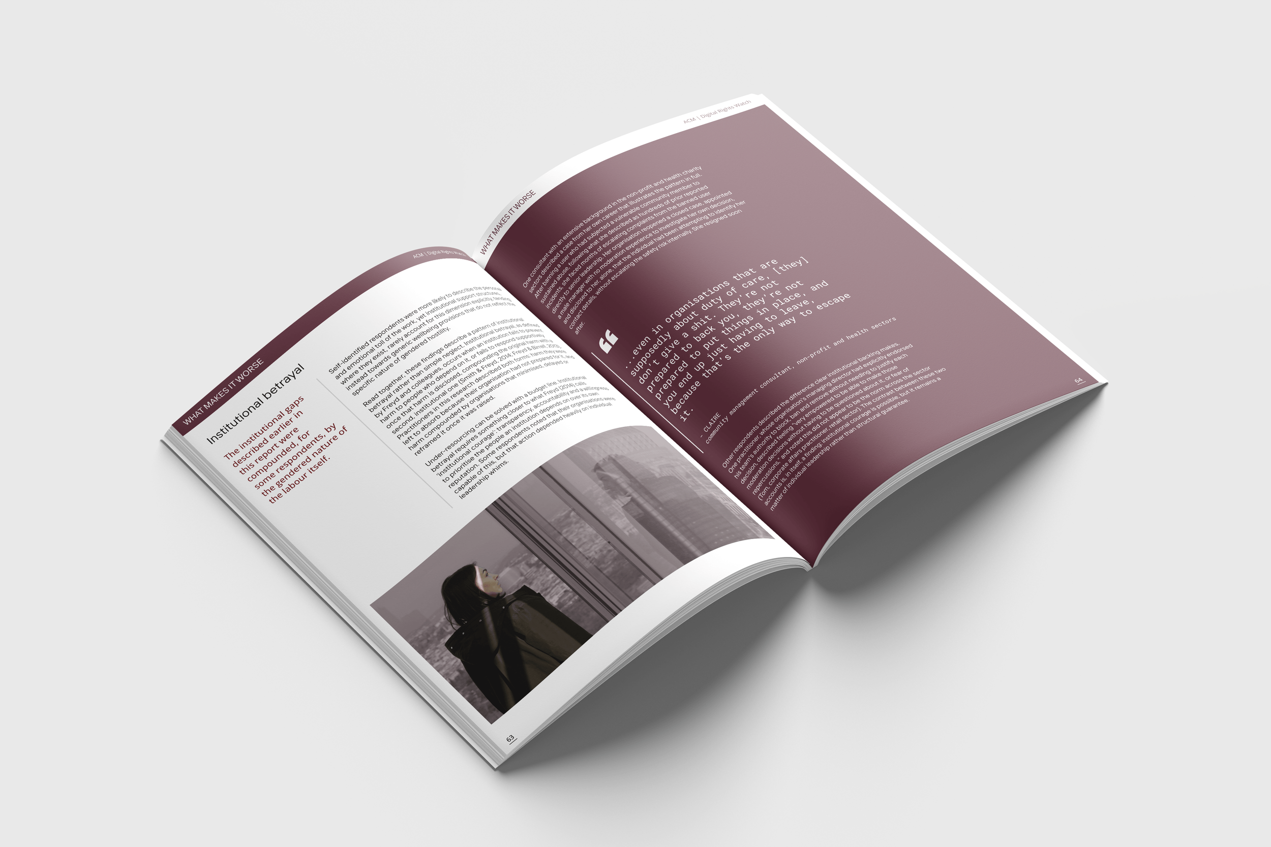Section divider from the ACM x Digital Rights Watch report, using colour to break up a text-heavy publication into clear, readable parts.