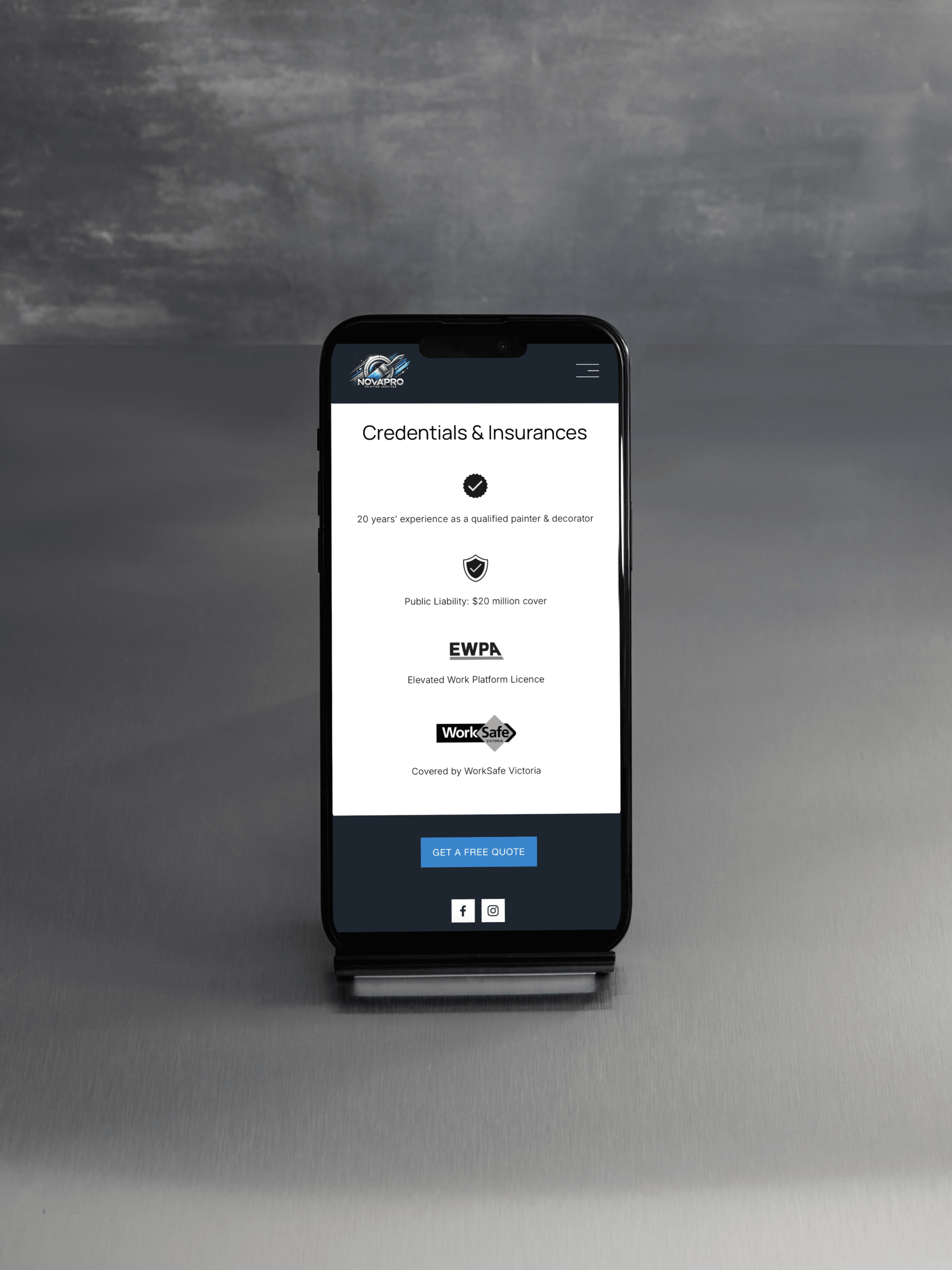 Close up of service page design highlighting professional craftsmanship and painting expertise through balanced layout and premium brand fonts
