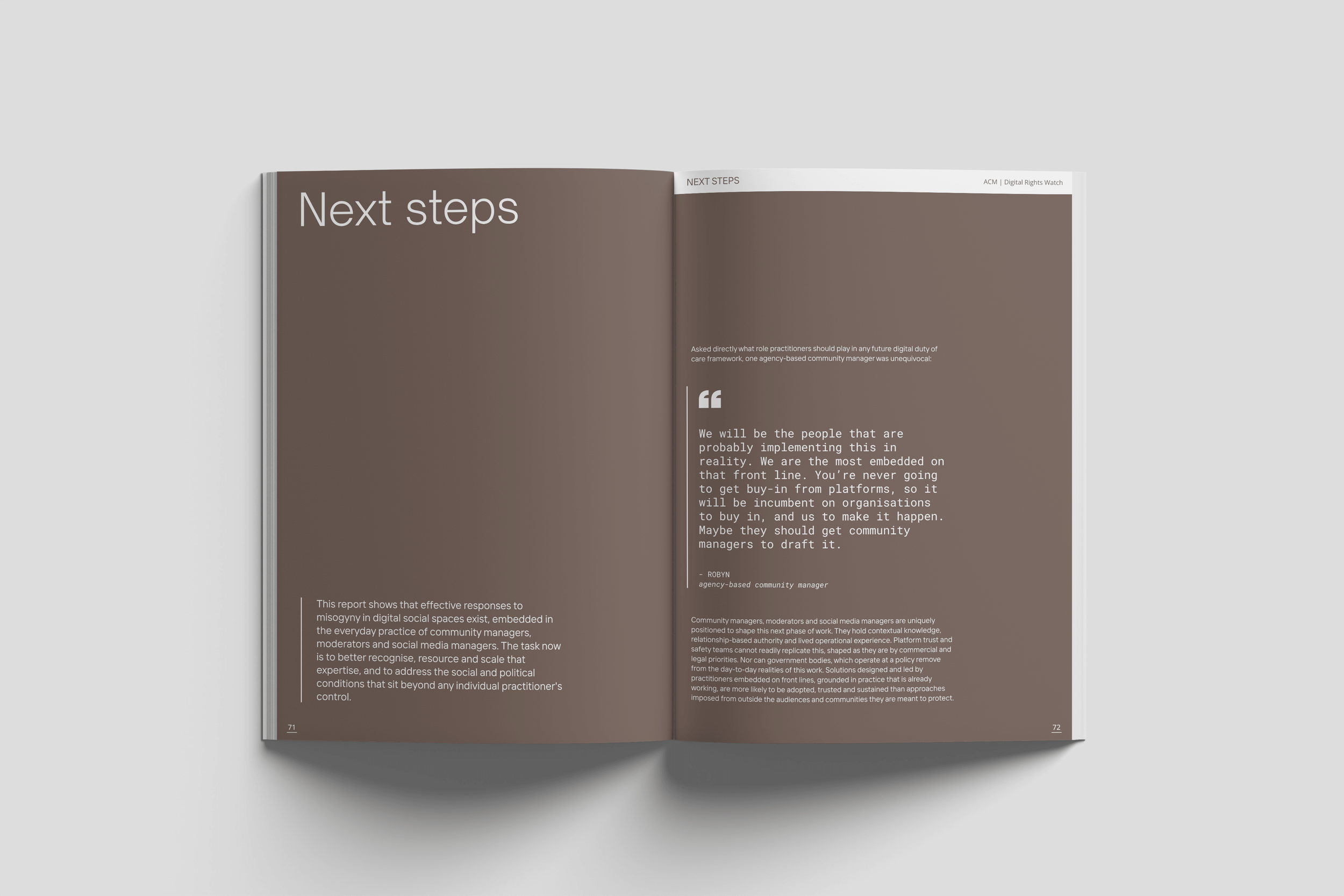 Next steps page from the Digital Rights Watch report on online misogyny, pairing recommendations with pull quotes in a clean, readable layout.