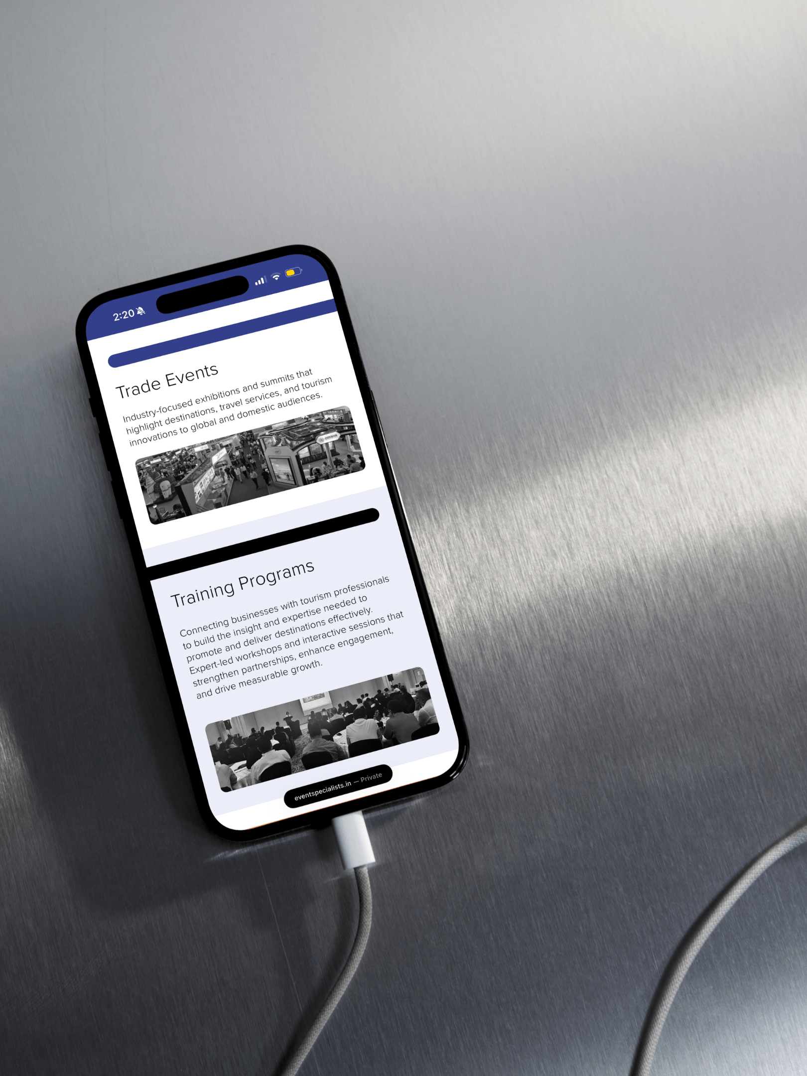 Mobile website mockup showing trade events and training programmes pages. Responsive web design and accessible user interface for event marketing.