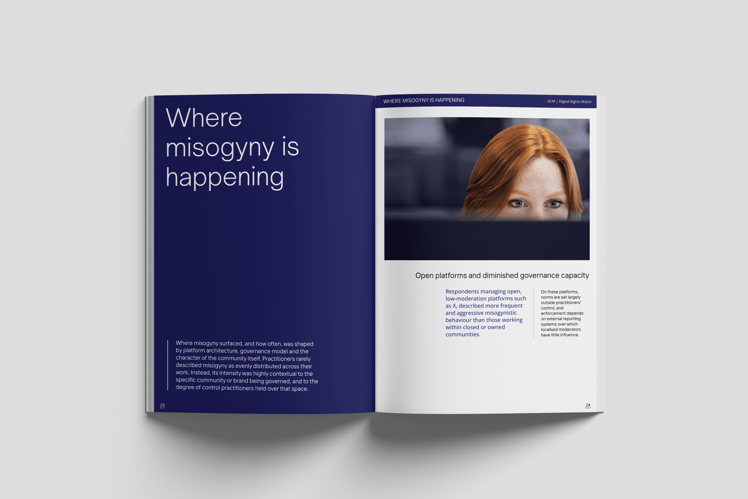 Editorial spread from the Digital Rights Watch report pairing photography with text to express the emotional weight of gendered harm online.