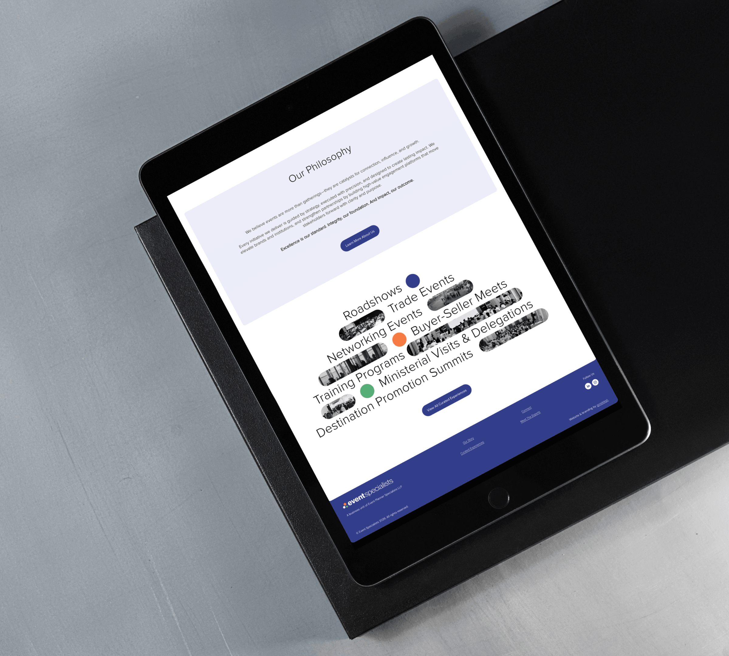 iPad website mockup displaying corporate event formats offered by Event Specialists. Custom UI web design and digital strategy by gooddept.