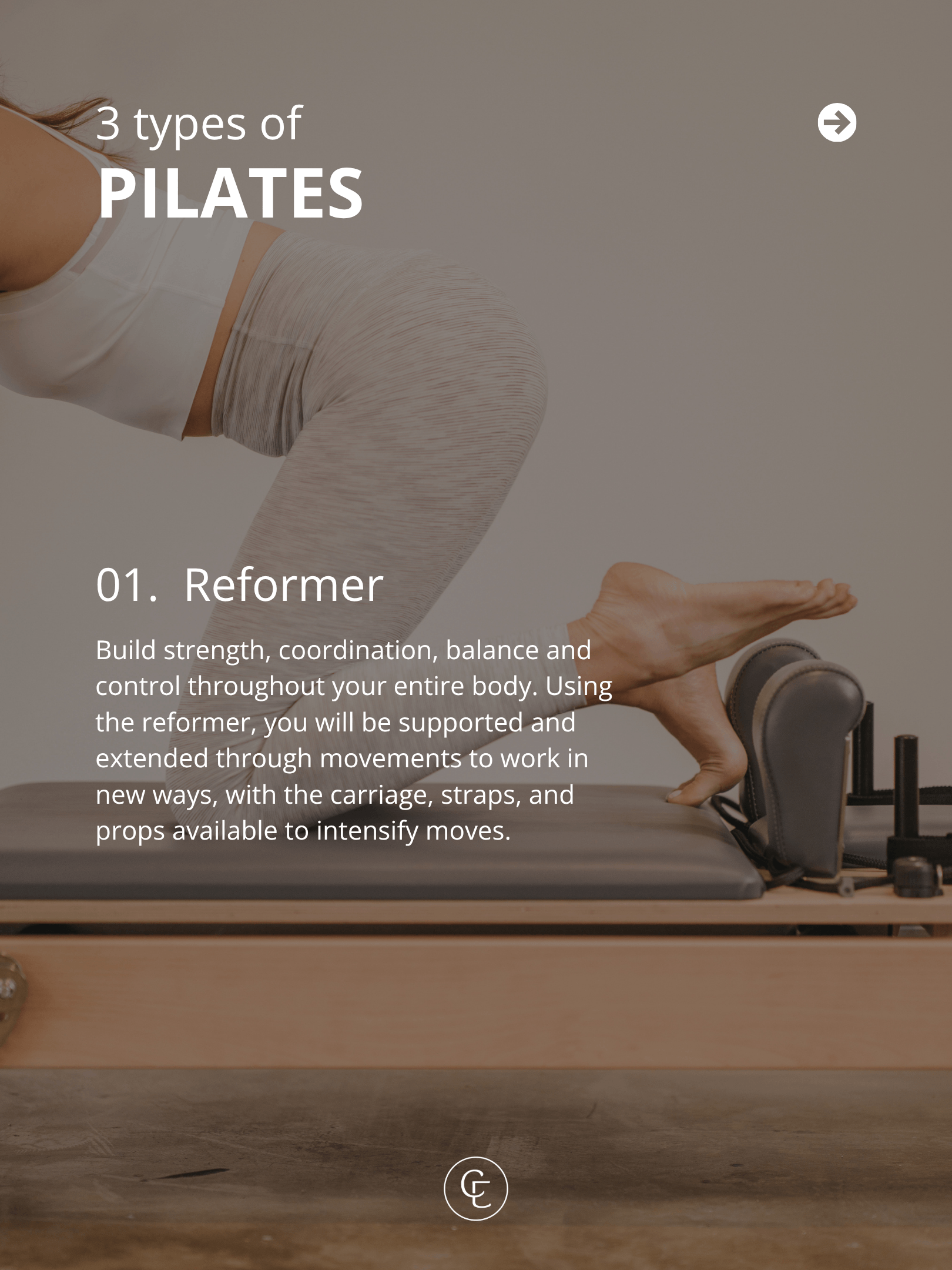 Instagram post template designed for Coco Ella explaining pilates for beginners, built as a reusable educational content layout for the Melbourne fitness studio.