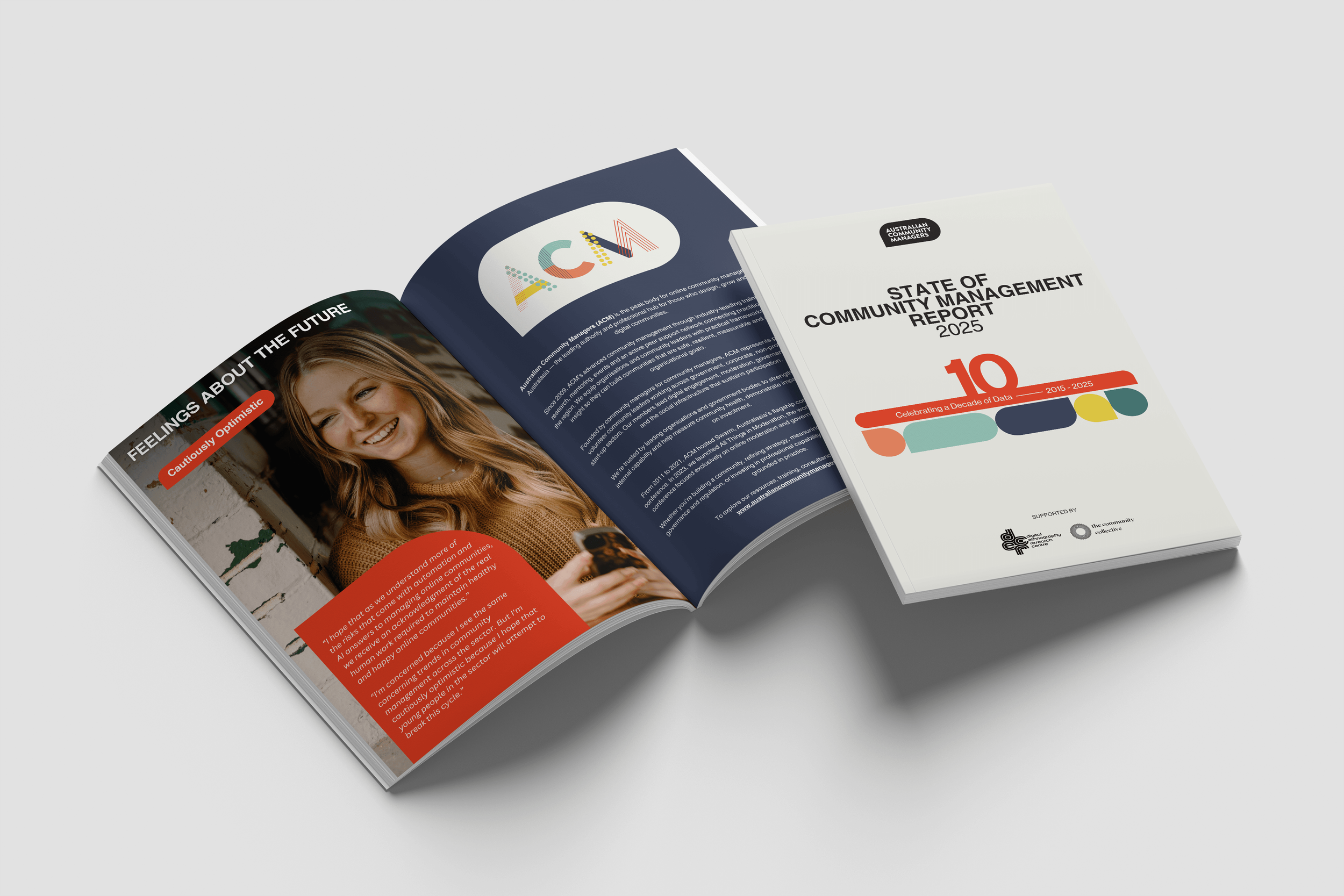 Information page layout detailing the Australian Community Managers as an organisation. Professional annual report formatting and graphic design.