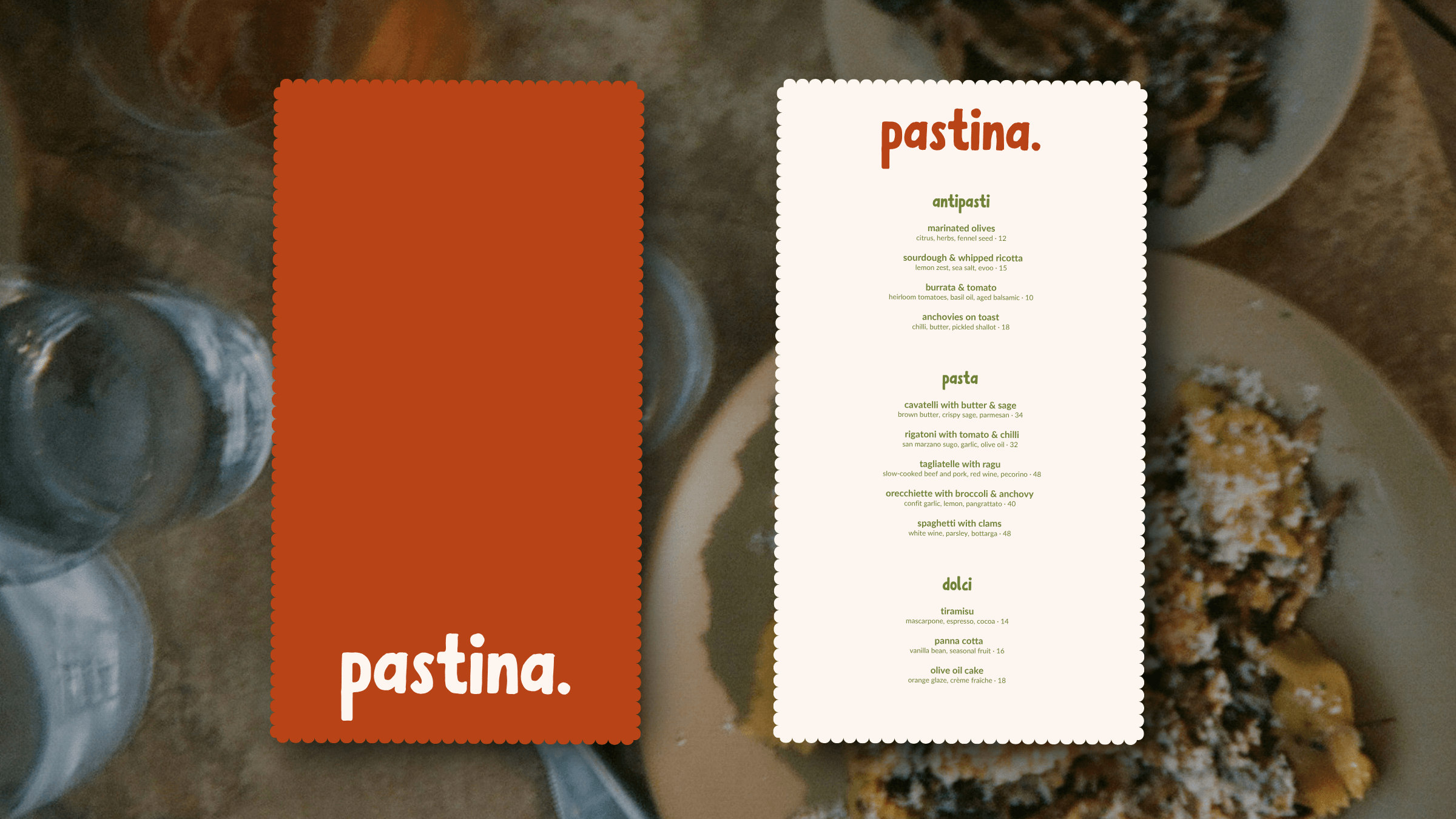 Custom menu layout and graphic design mockup for a contemporary pasta and wine bar. Strategic visual communication for the melbourne hospitality brand
