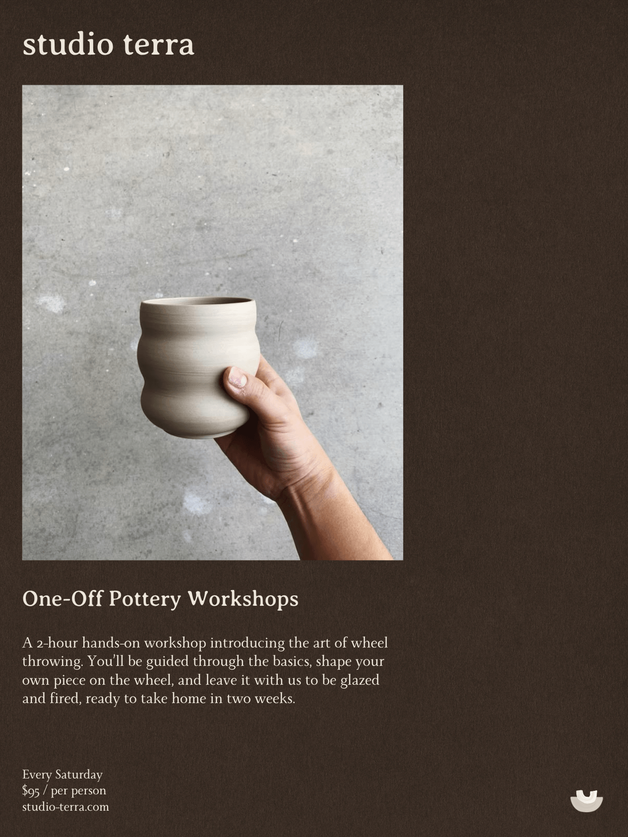A person holding a beige, unfinished pottery piece shaped like a wheel with a rounded, wavy design, against a textured gray background. The image is an advertisement for a pottery workshop.