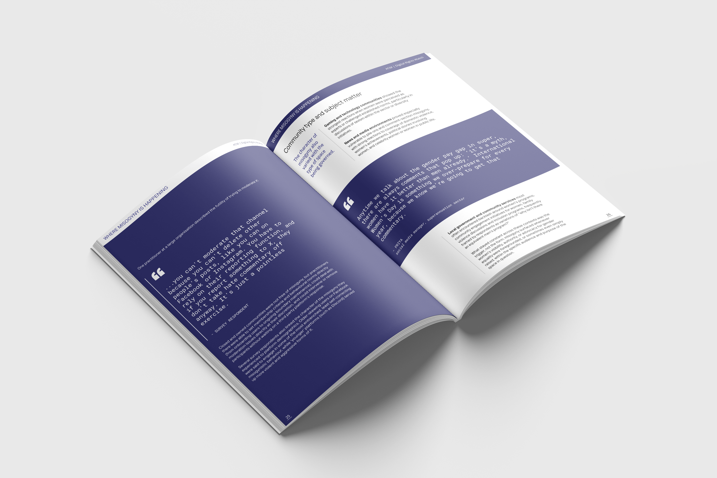 Two-page spread from the ACM x Digital Rights Watch report, combining considered typography and imagery in a calm, elevated publication design.