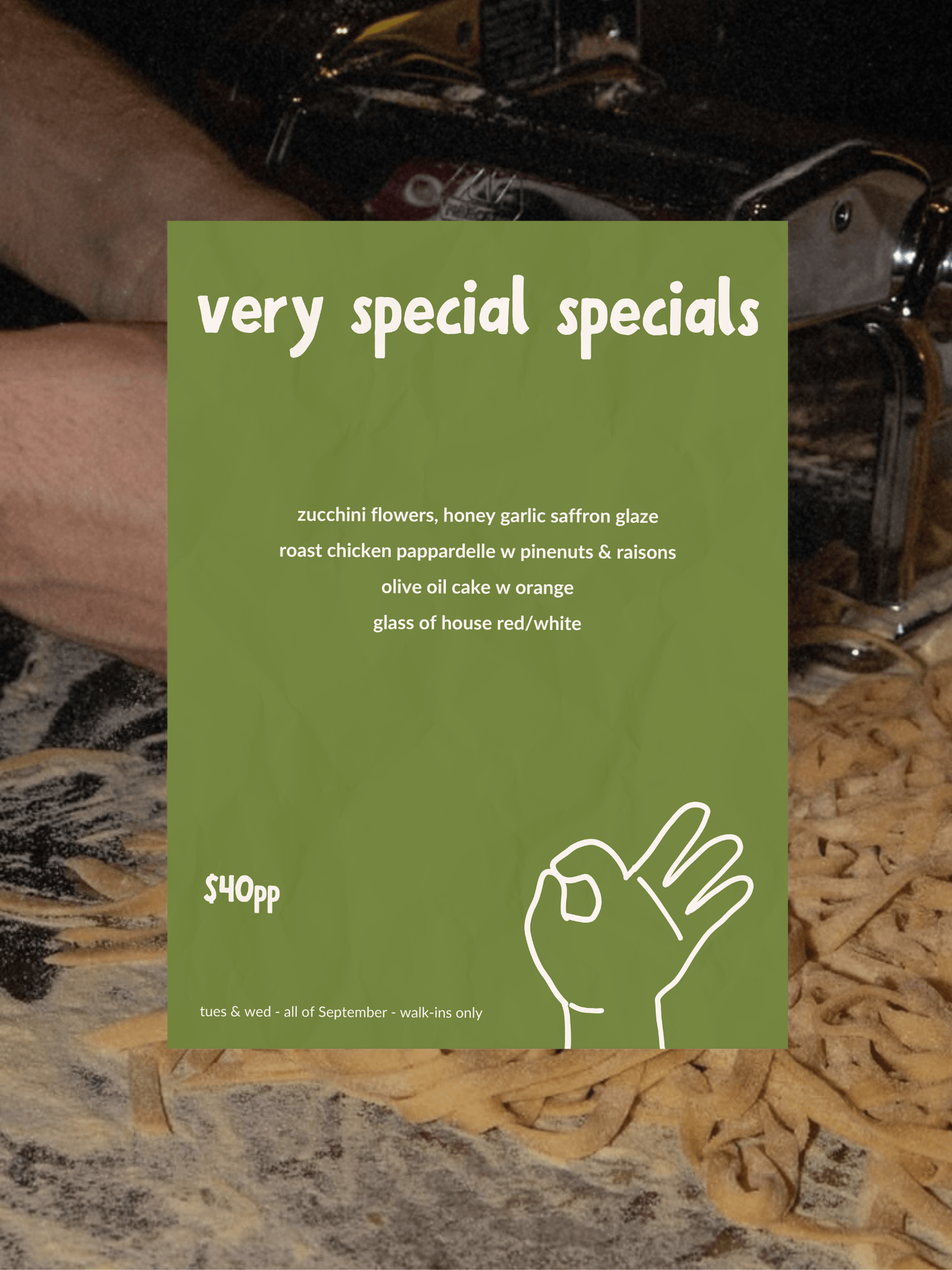 Promotional poster design displaying daily specials for a local pasta and wine bar. Engaging print collateral and marketing assets for restaurants.