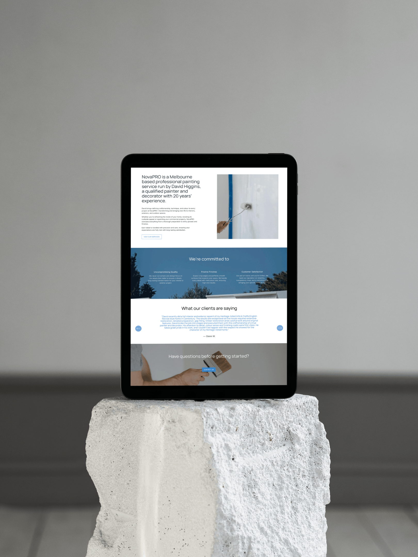 Professional web design for NovaPRO displayed on laptop mockup showing cohesive brand identity for Melbourne painting and decorating business
