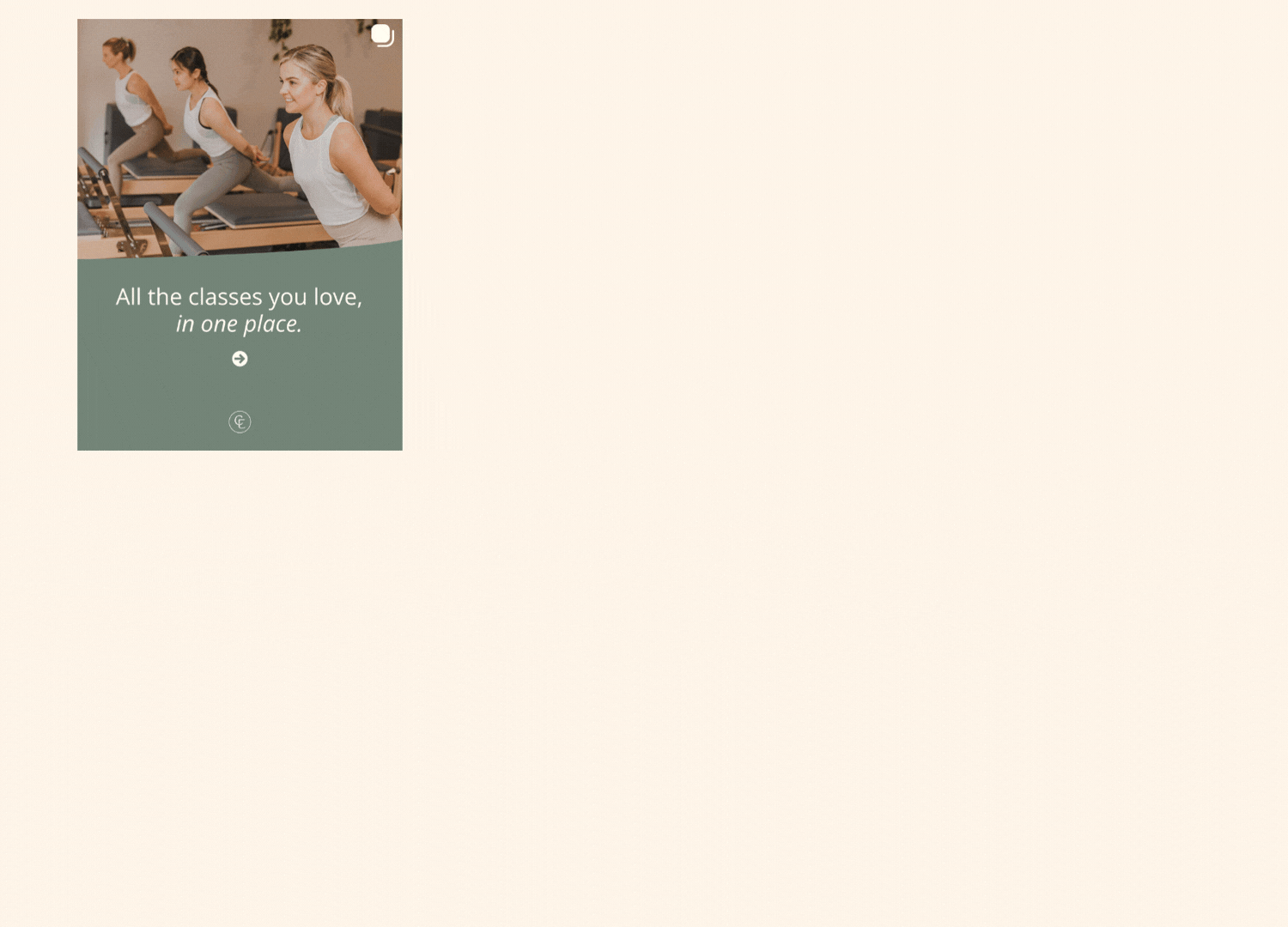 Animated Instagram carousel designed for Coco Ella showing their class range including pilates, yoga, boxing, strength training, meditation and HIIT circuit training.