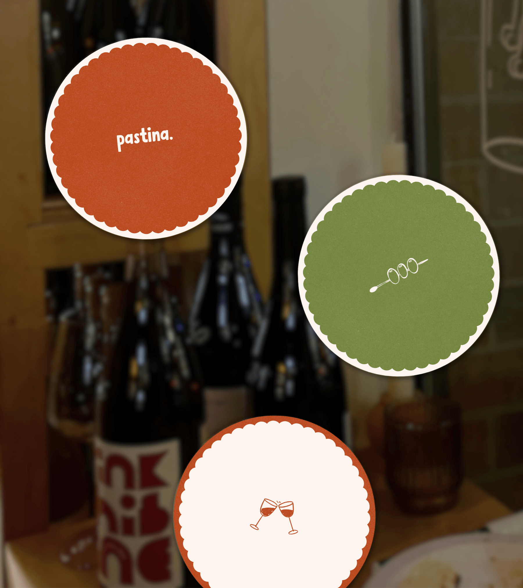 Custom printed coasters and branded hospitality collateral for Pasta restaurant wine bar. Restaurant identity and graphic design