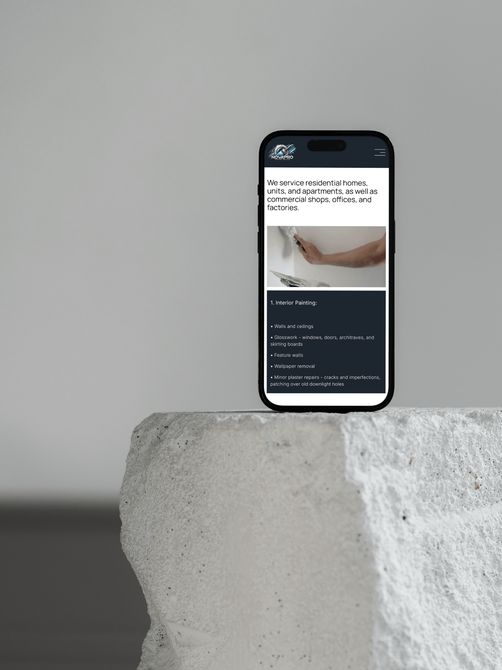 Responsive mobile website layout for Melbourne painter featuring easy navigation and streamlined service descriptions for residential painting projects.