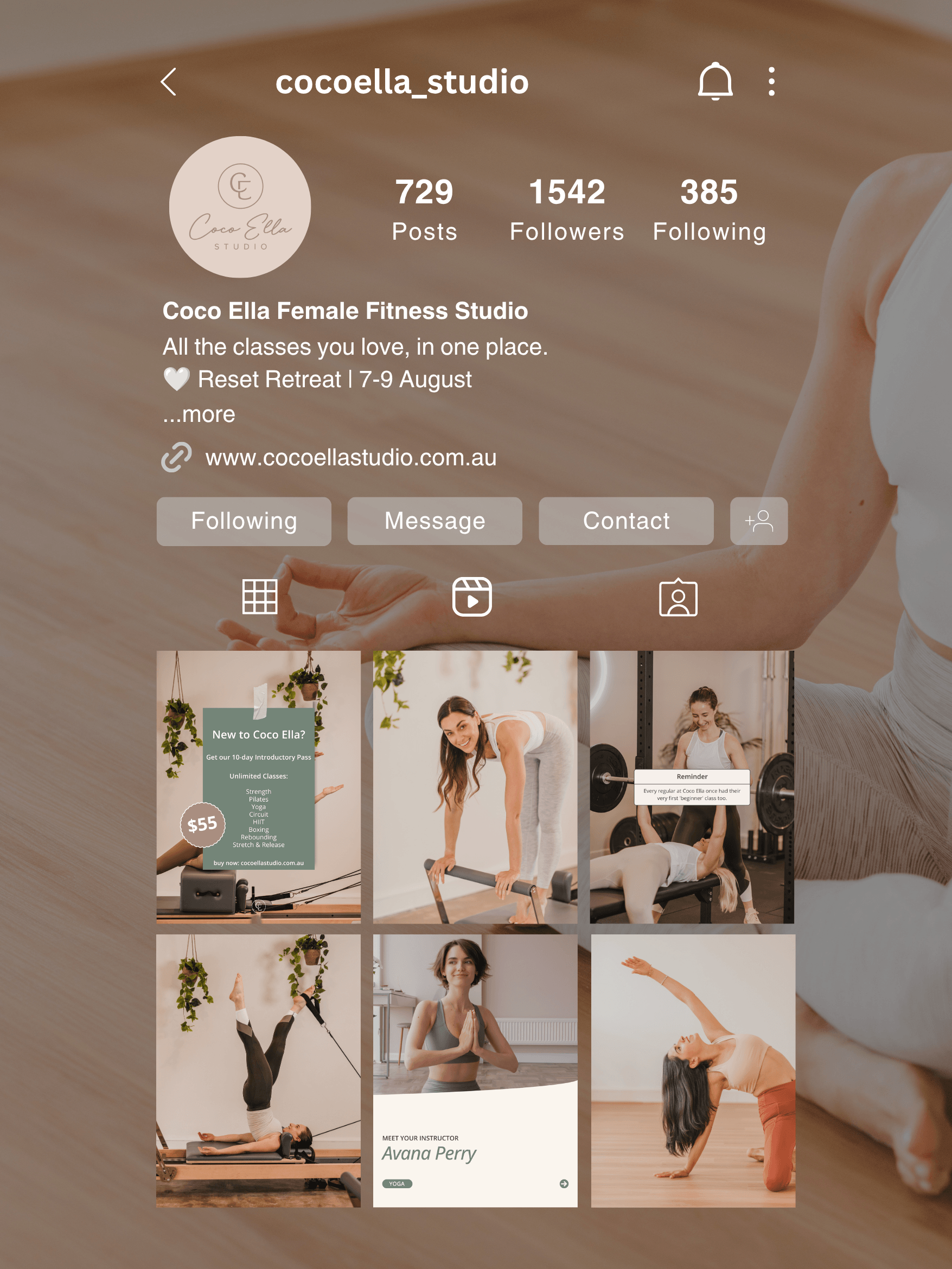 Instagram feed mockup for Coco Ella showing a grid of branded social media templates designed by gooddept. for the Prahran fitness studio.