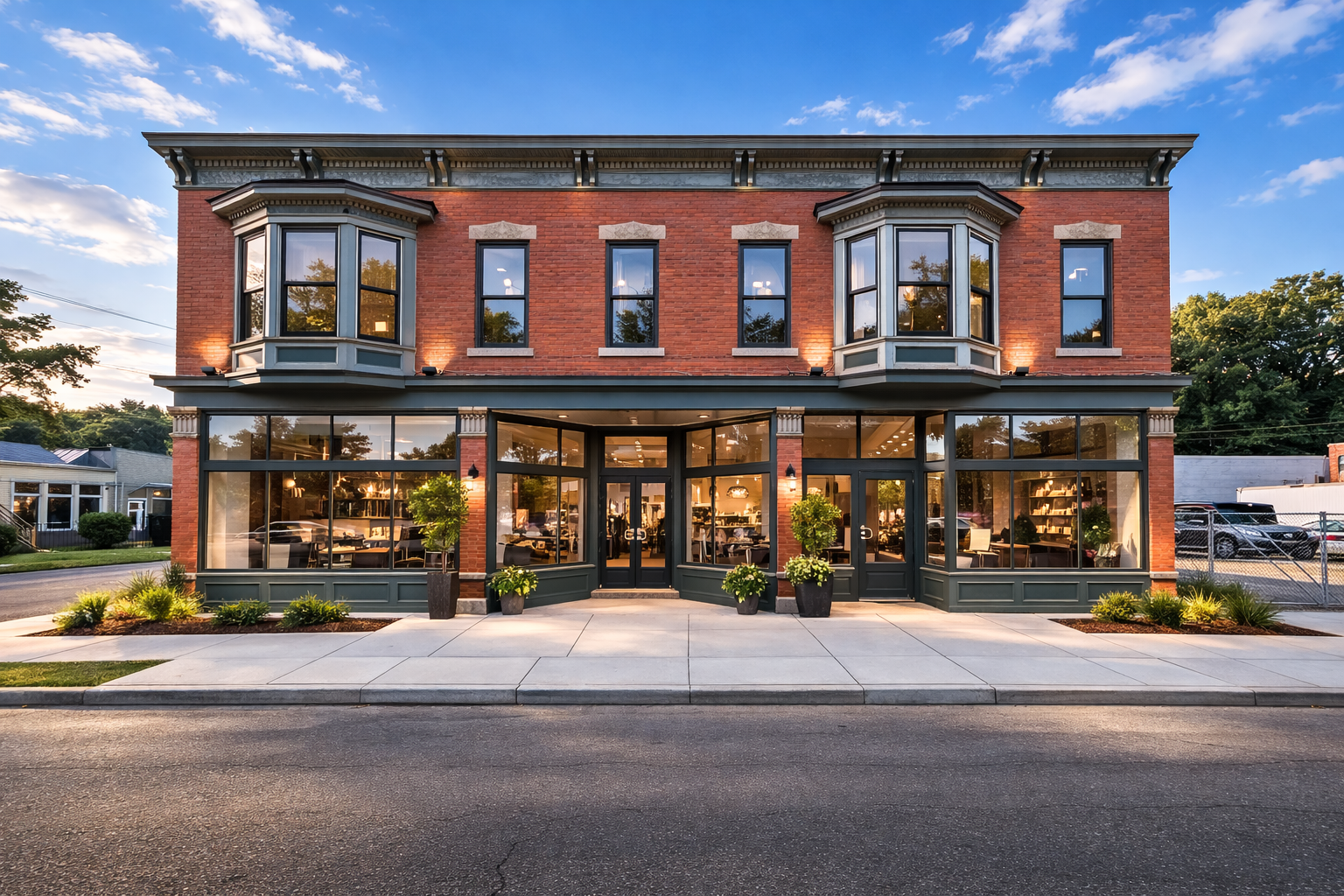 A three-story brick building with large glass windows on the ground floor, displaying a storefront with interior lighting. The upper floors have smaller windows with some lights on inside. The sidewalk in front is decorated with potted plants and sma