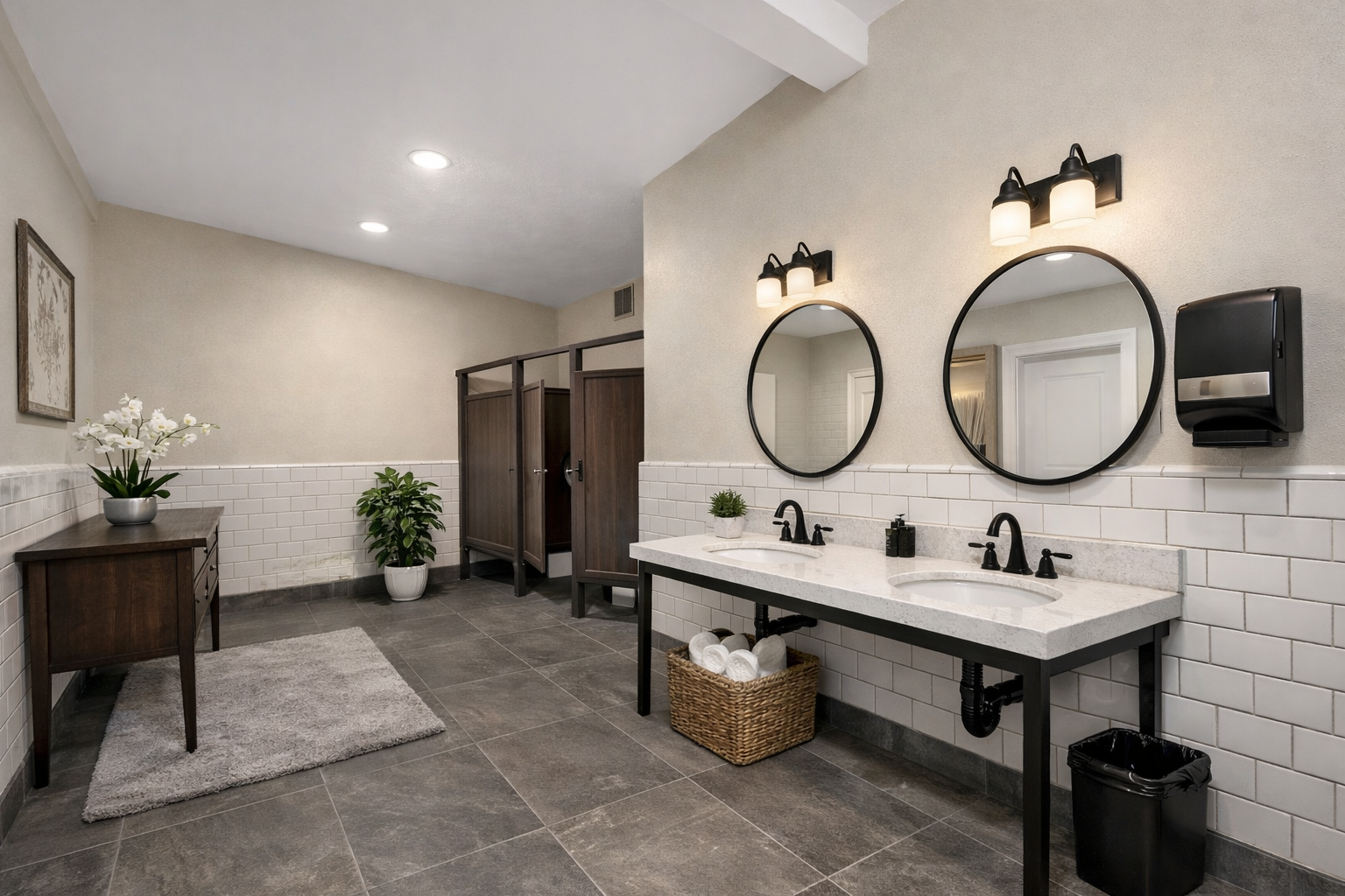 Modern public bathroom with double sinks, oval mirrors, wall-mounted lights, paper towel dispenser, black trash can, small plants, wooden privacy stalls, a wooden table with a plant, potted orchid, and a rug.