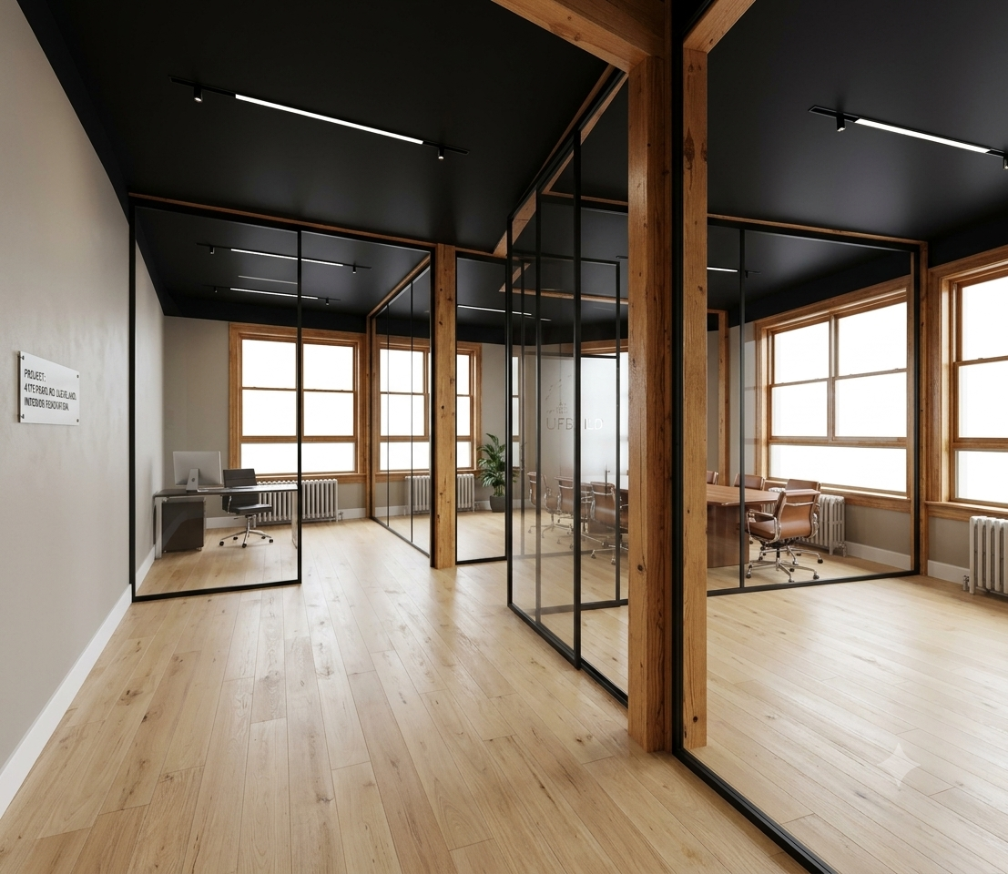 Modern office space with glass partitions, wooden beams, and large windows in a bright room with light wooden flooring.