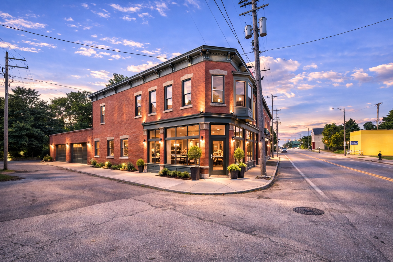 A two-story brick building with large ground floor windows, outdoor lights, and potted plants at street corner during sunset.