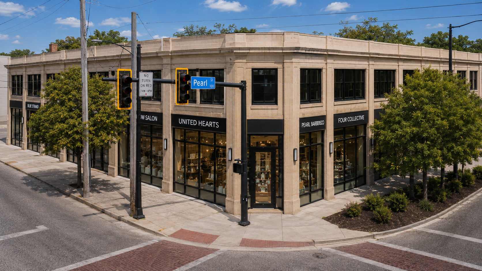 Corner of a commercial building on Pearl Street with shops named United Hearts, Pearl Barbersco, Four Collective, and Show Salon, with trees and traffic signals at an intersection.