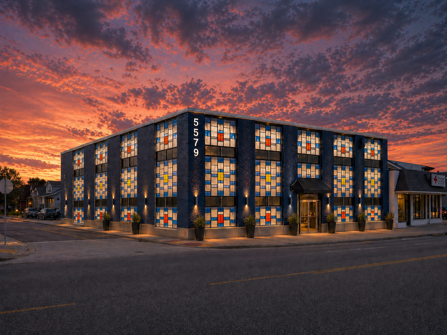 A modern multi-story building with colorful stained glass windows and the street number 5579 on the side, set against a vibrant sunset sky.