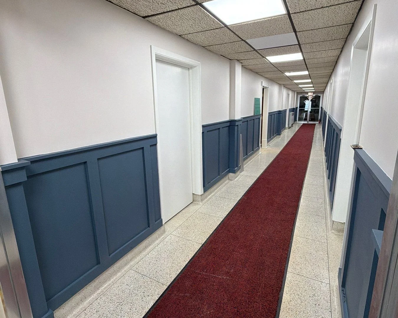Empty indoor corridor with white walls, blue wainscoting, a red carpet runner, closed white doors, and a glass door at the end.