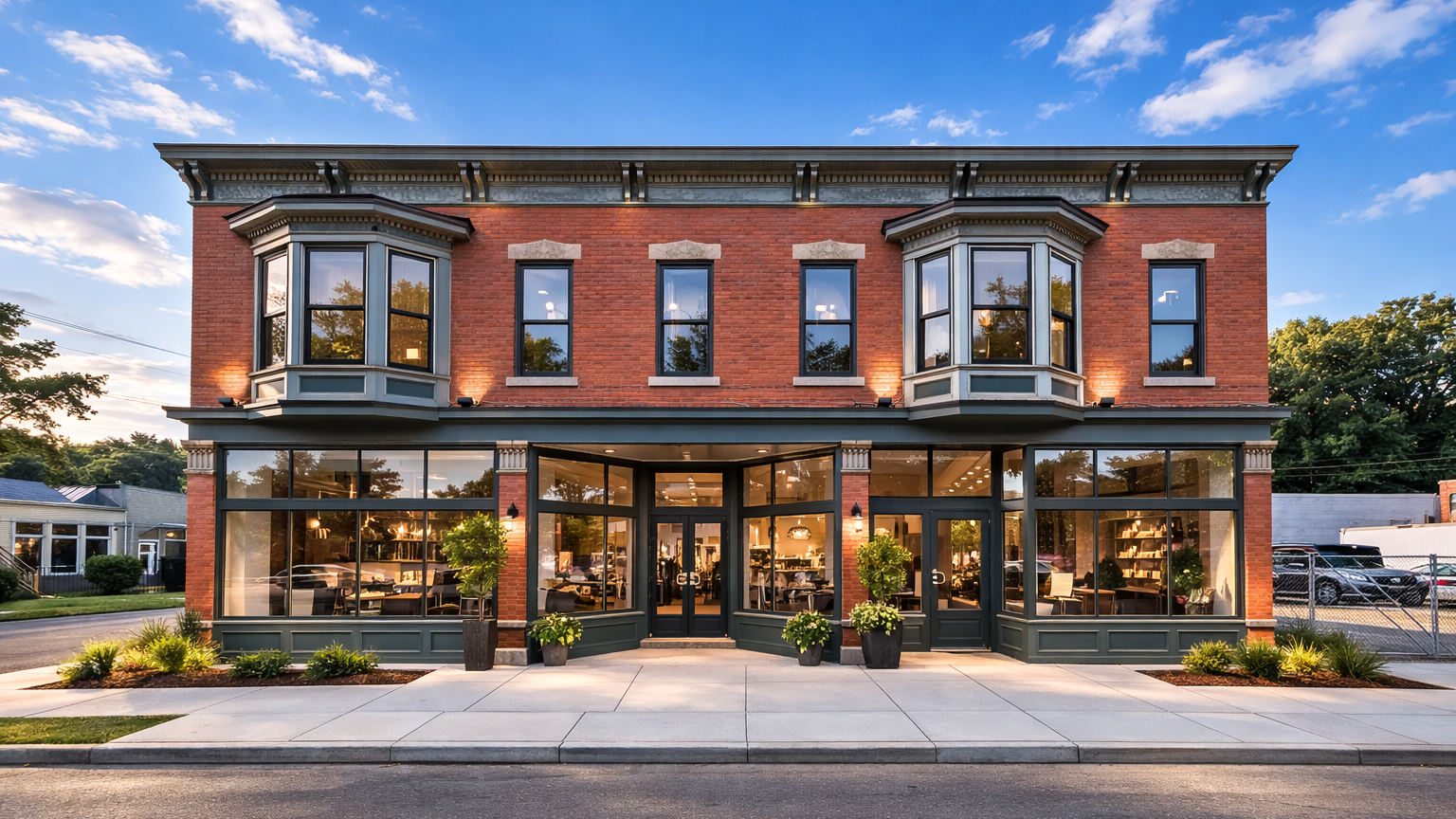 A three-story brick building with large glass windows on the ground floor, potted plants outside, and decorative trim along the roofline, set against a blue sky with some clouds.