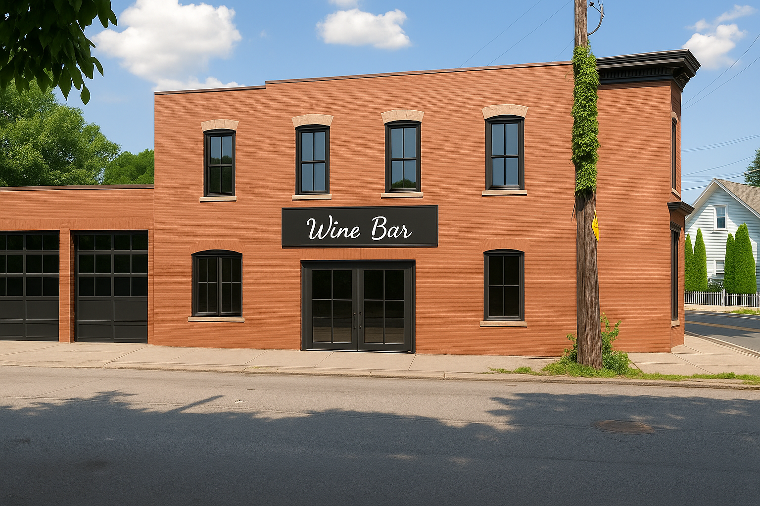 Brick building with black sign reading 'Wine Bar' above black double doors, with two upper and two lower windows, and a wooden utility pole with green vines growing on the side, on a street with a sidewalk and a tree.
