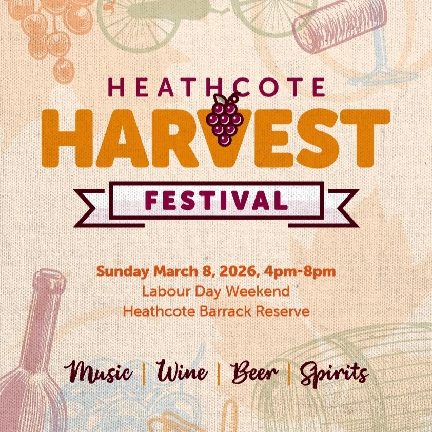 Come and join us for a great afternoon of music, food and fun at the Heathcote Harvest Festival at Barrack Reserve, Heathcote from 4pm, Sunday 8 March. See you there!! 
#sutherlandwine #exploreheathcote #heathcoteharvestfestival