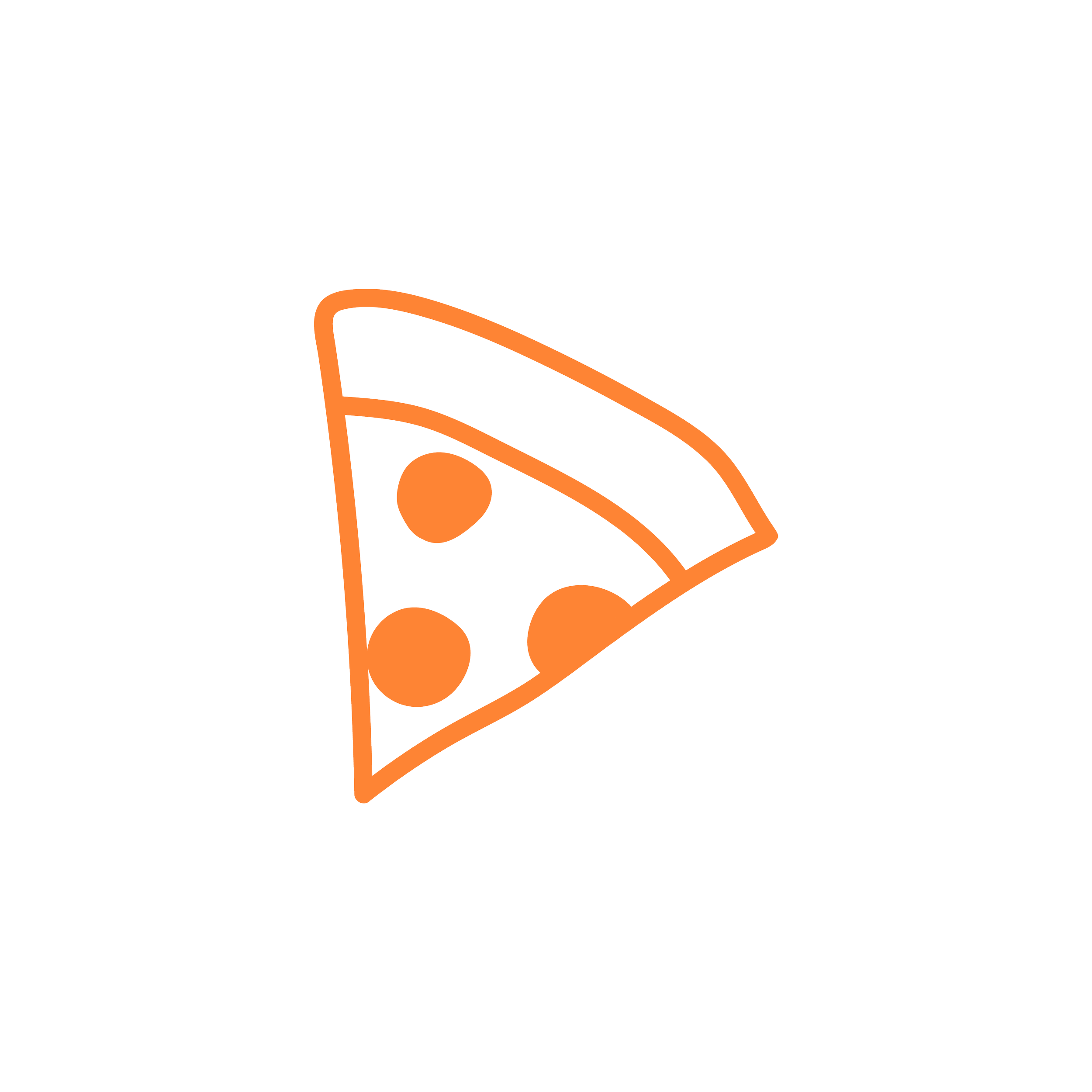 Simple line drawing of a slice of pepperoni pizza on a black background.