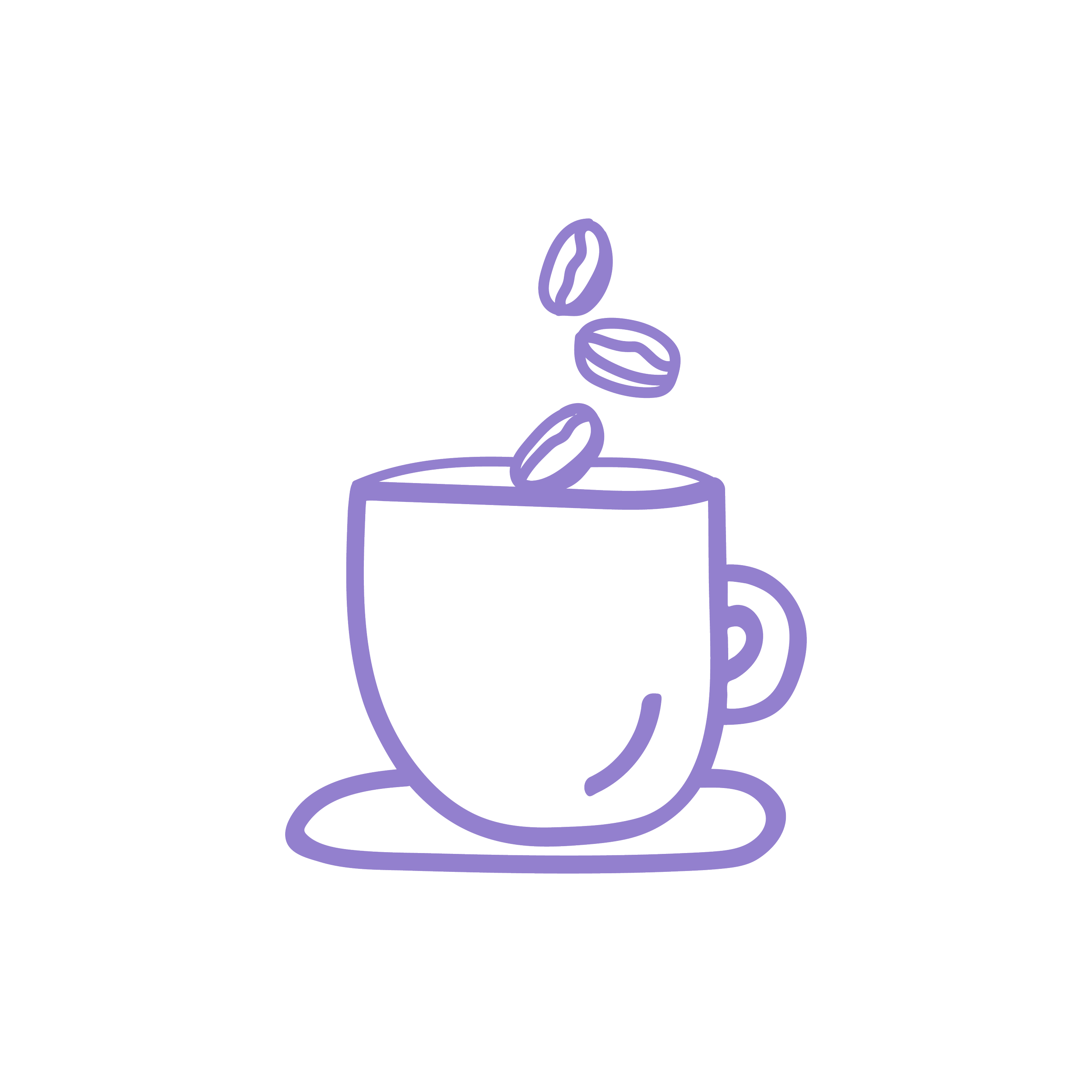 Outline drawing of a coffee cup with coffee beans falling into it, situated on a saucer.