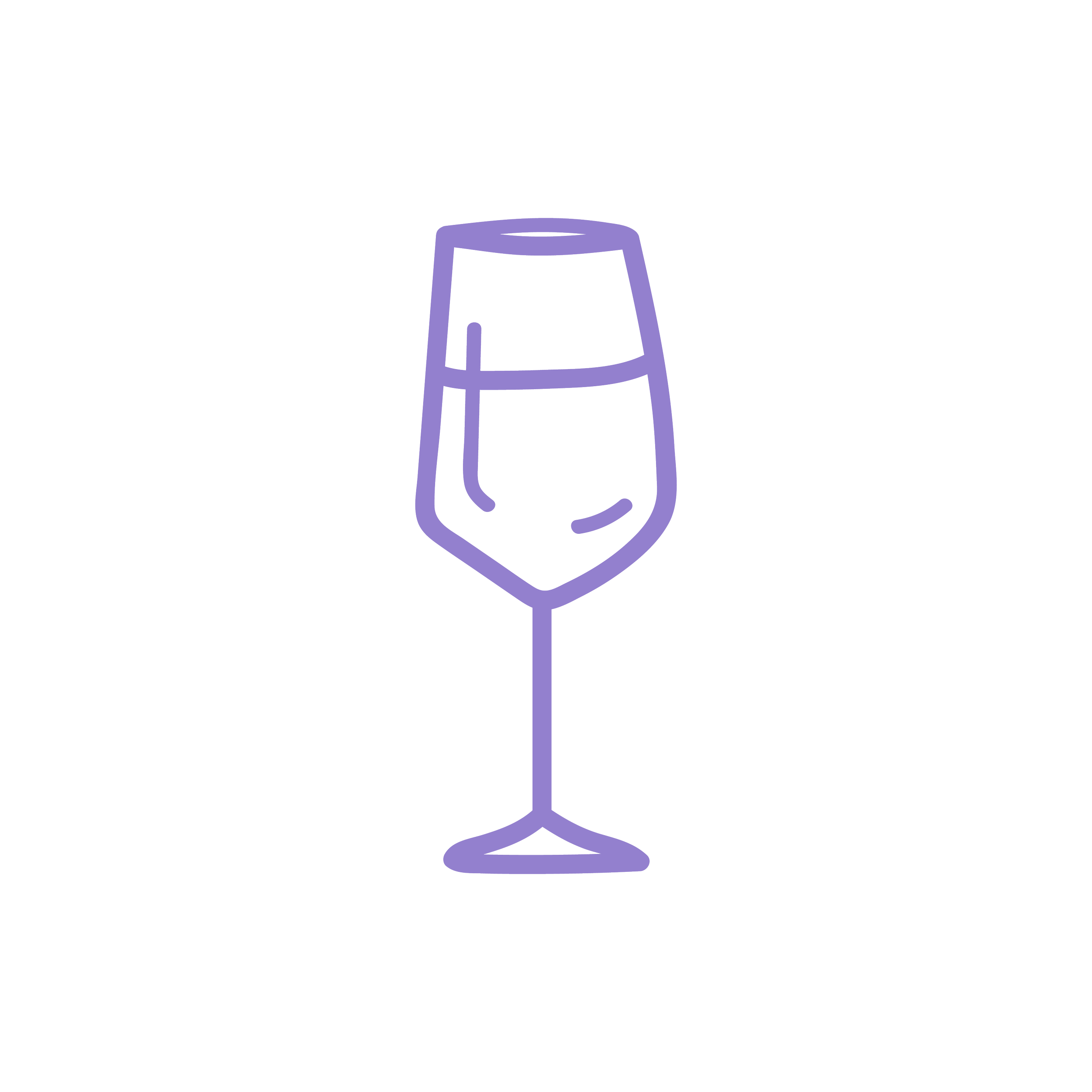 Simple line drawing of a wine glass filled with some liquid, outlined in purple.