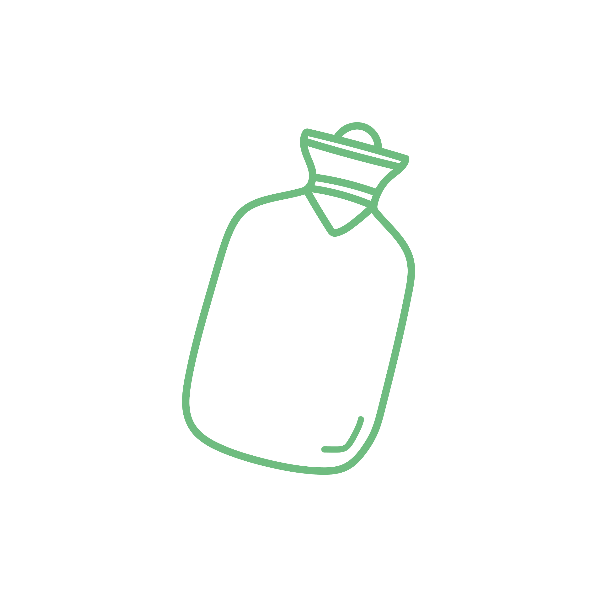 Line drawing of a green perfume bottle with a cap, on a black background.