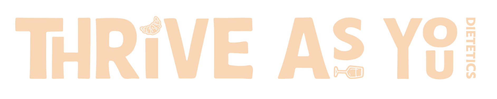 Word cloud with the phrase "Thrive as you" in large letters and smaller words "dietitian" and "nutrition" surrounding it.